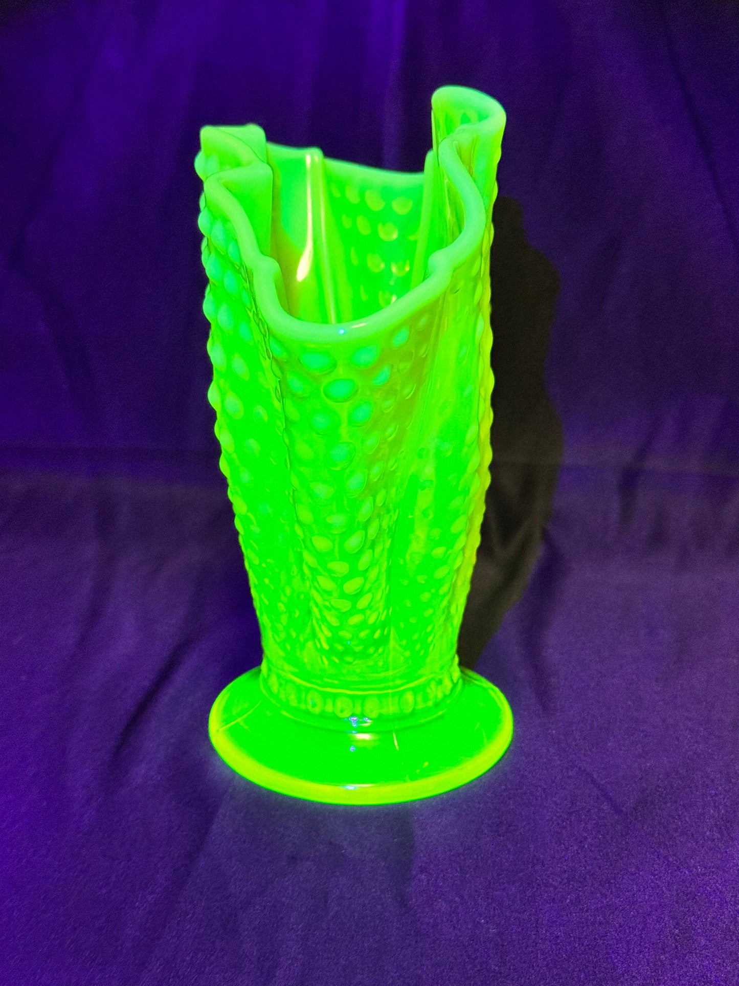 Uranium- Fenton- Hobnail- 8.5” Fan Vase- Topaz Opalescent