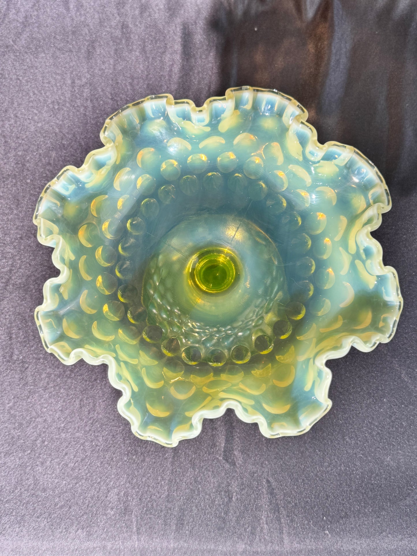 Uranium- Fenton- Hobnail -Compote - Topaz Opalescent- Footed Ruffled, crimped style - early 20th century
