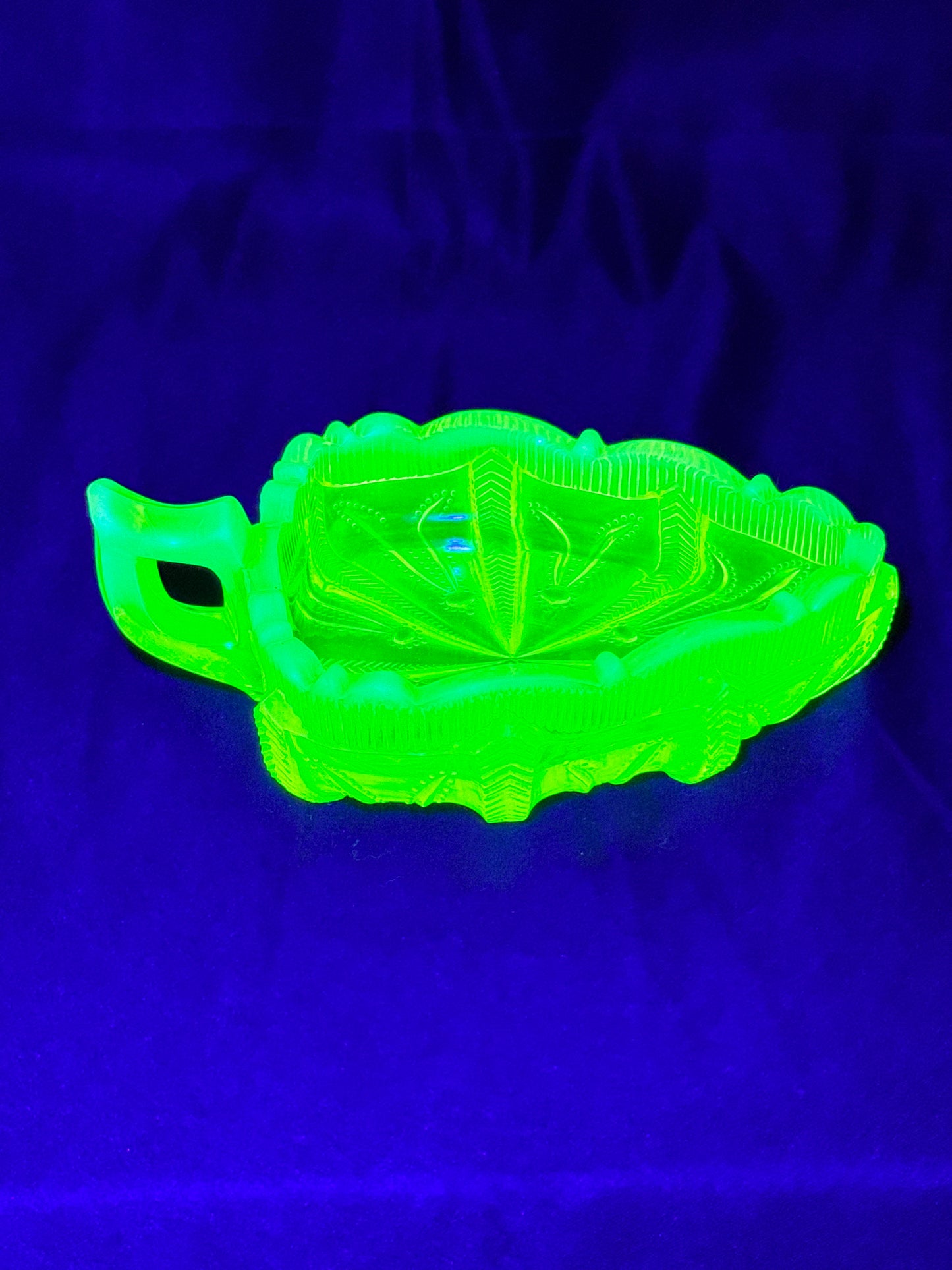 Uranium- Fenton -Cactus- relish dish - topaz opalescent - early 20th century-cactus leaf shape dish