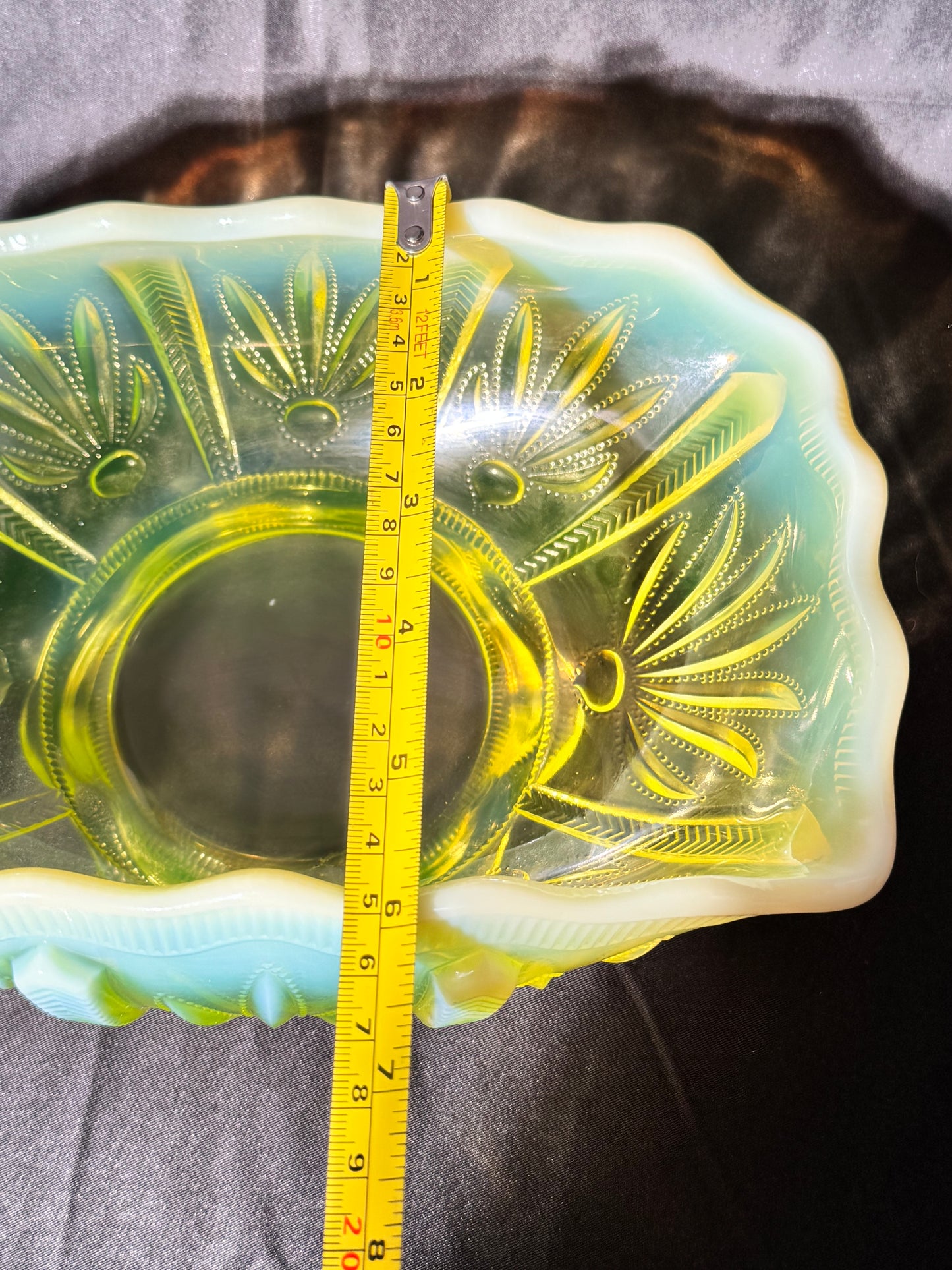 Uranium- Fenton -Cactus- rectangle footed bowl- topaz opalescent - early 20th century-