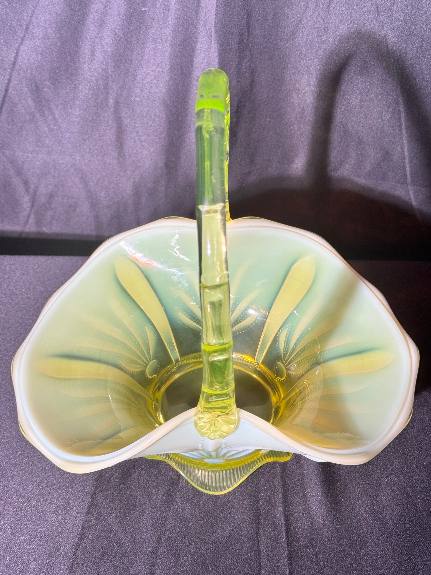Uranium- Fenton- Cactus- 11” Basket - Topaz Opalescent -