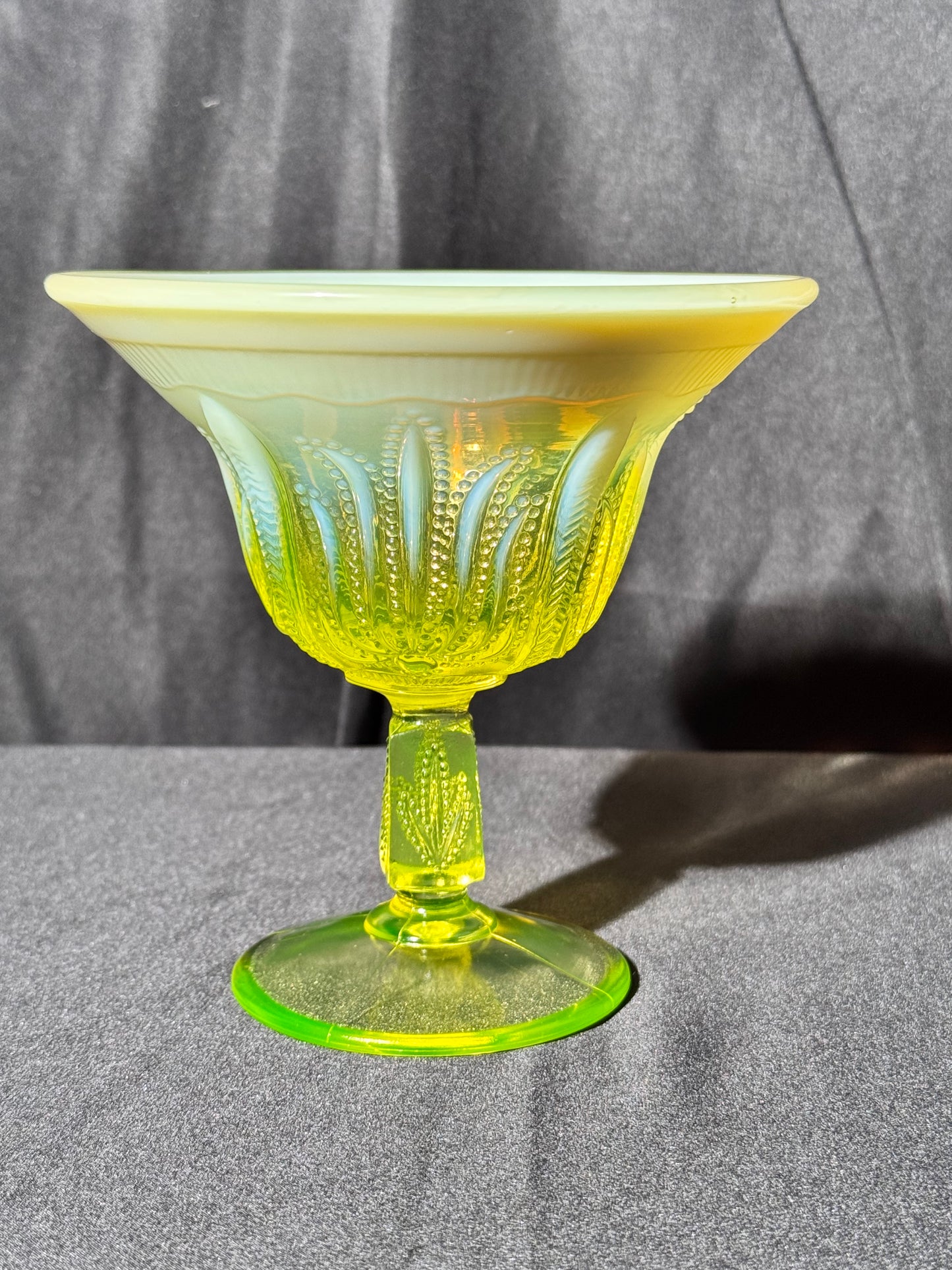 Uranium- Fenton- Cactus - 5.5” Compote - Topaz Opalescent - footed