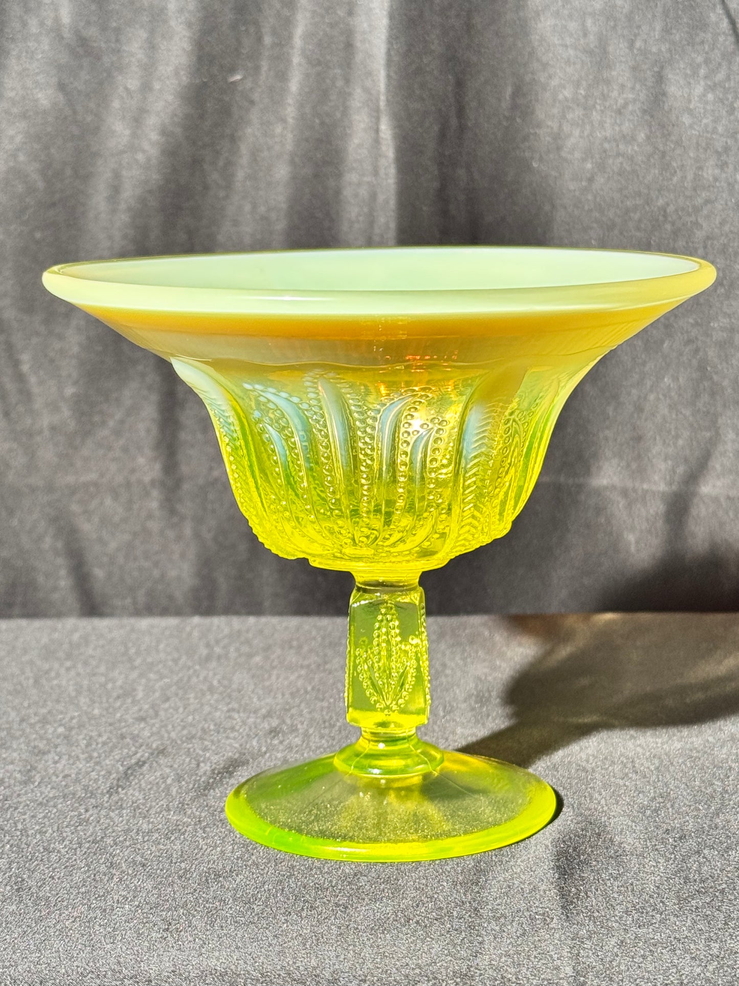 Uranium- Fenton- Cactus - Compote- Topaz opalescent- footed -likely used as an open nut dish