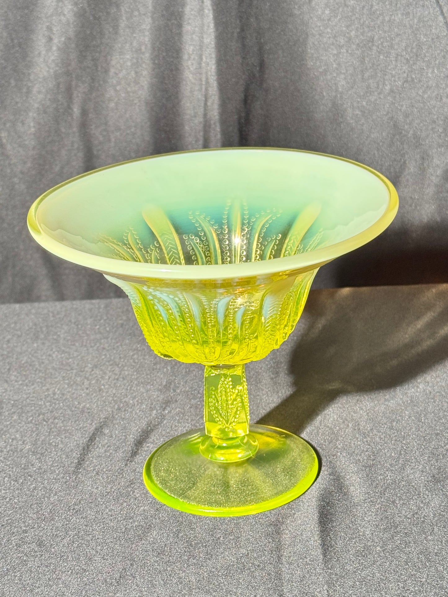 Uranium- Fenton- Cactus - Compote- Topaz opalescent- footed -likely used as an open nut dish