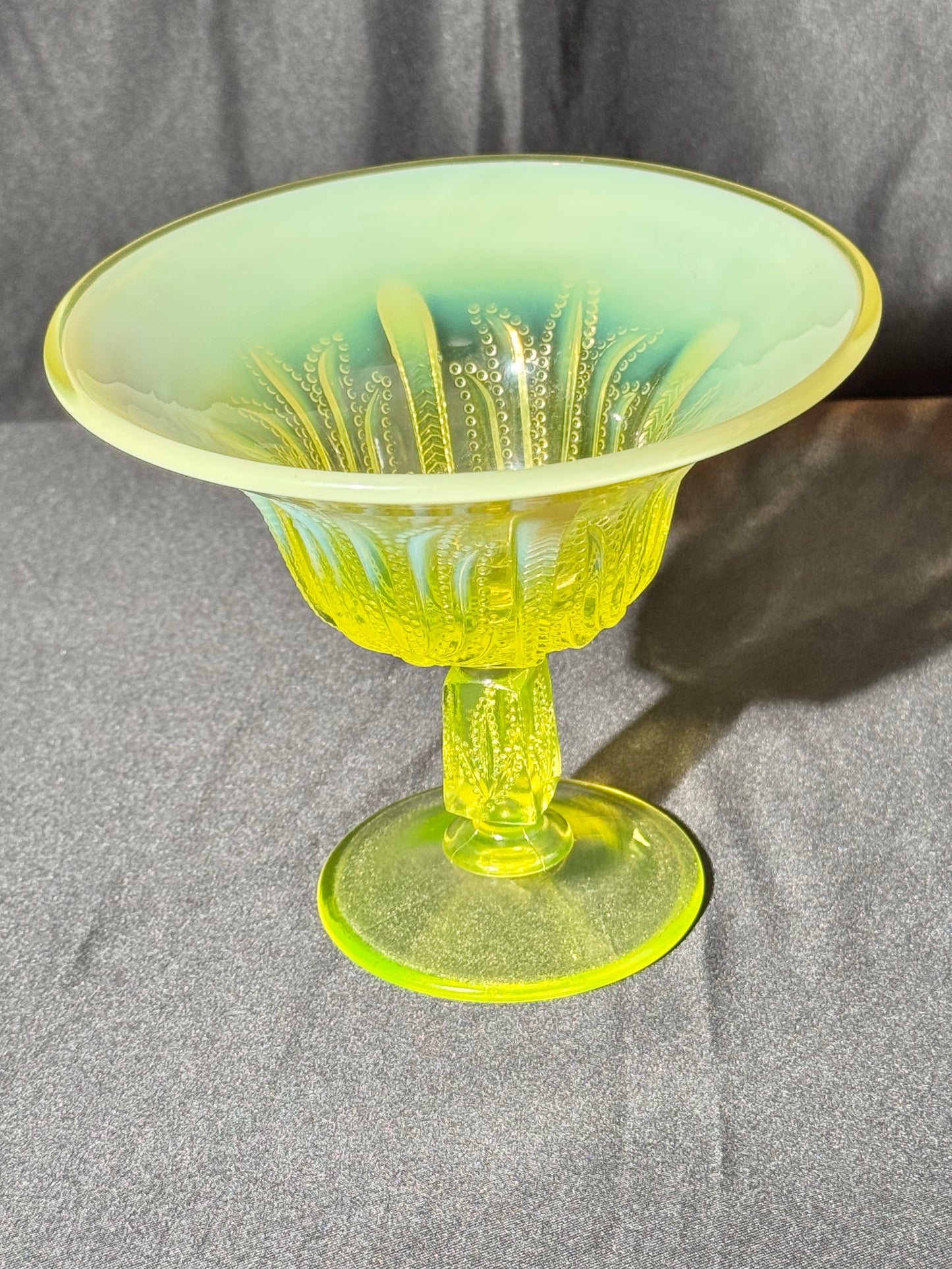 Uranium- Fenton- Cactus - Compote- Topaz opalescent- footed -likely used as an open nut dish