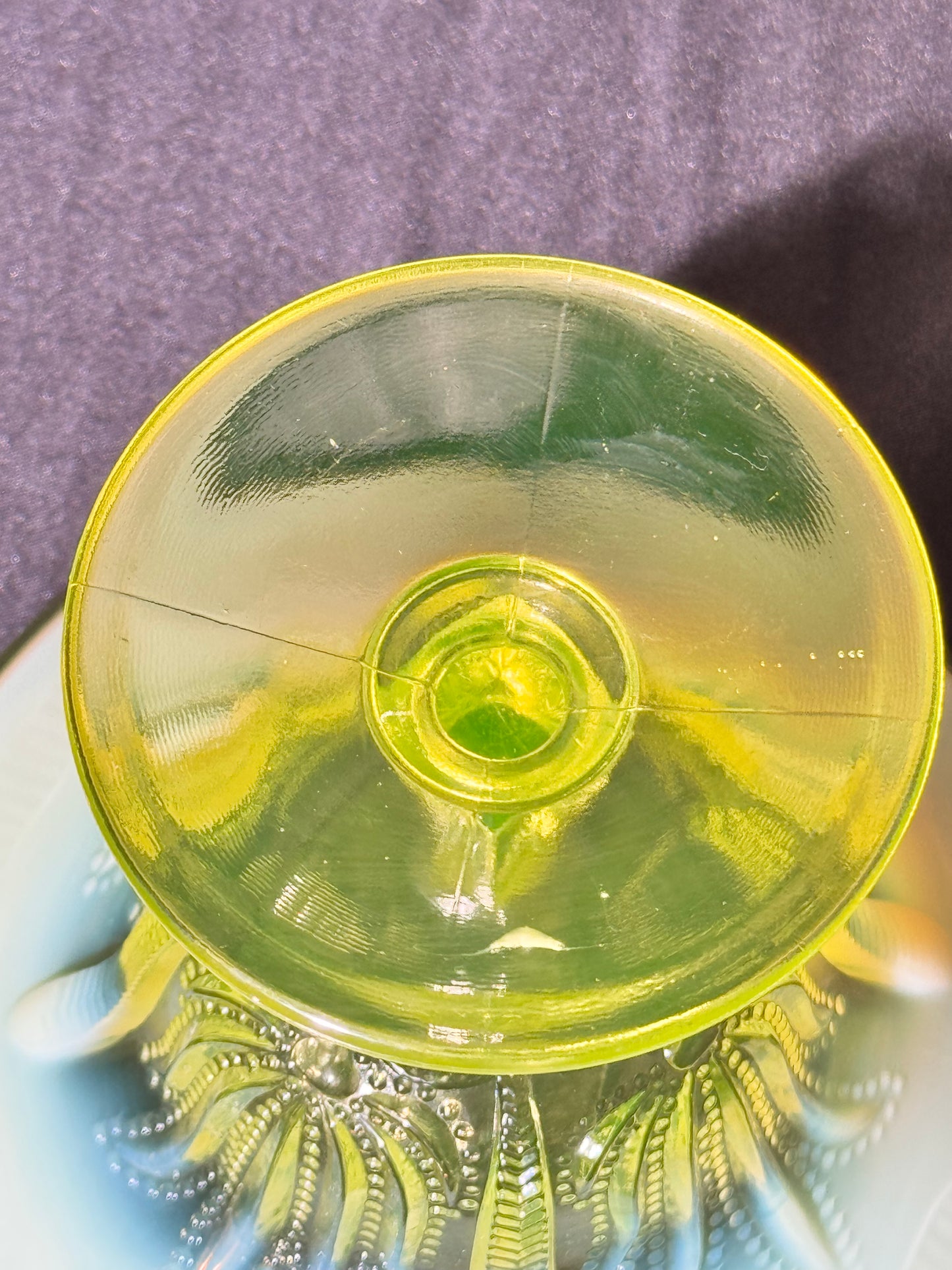 Uranium- Fenton- Cactus - Compote- Topaz opalescent- footed -likely used as an open nut dish