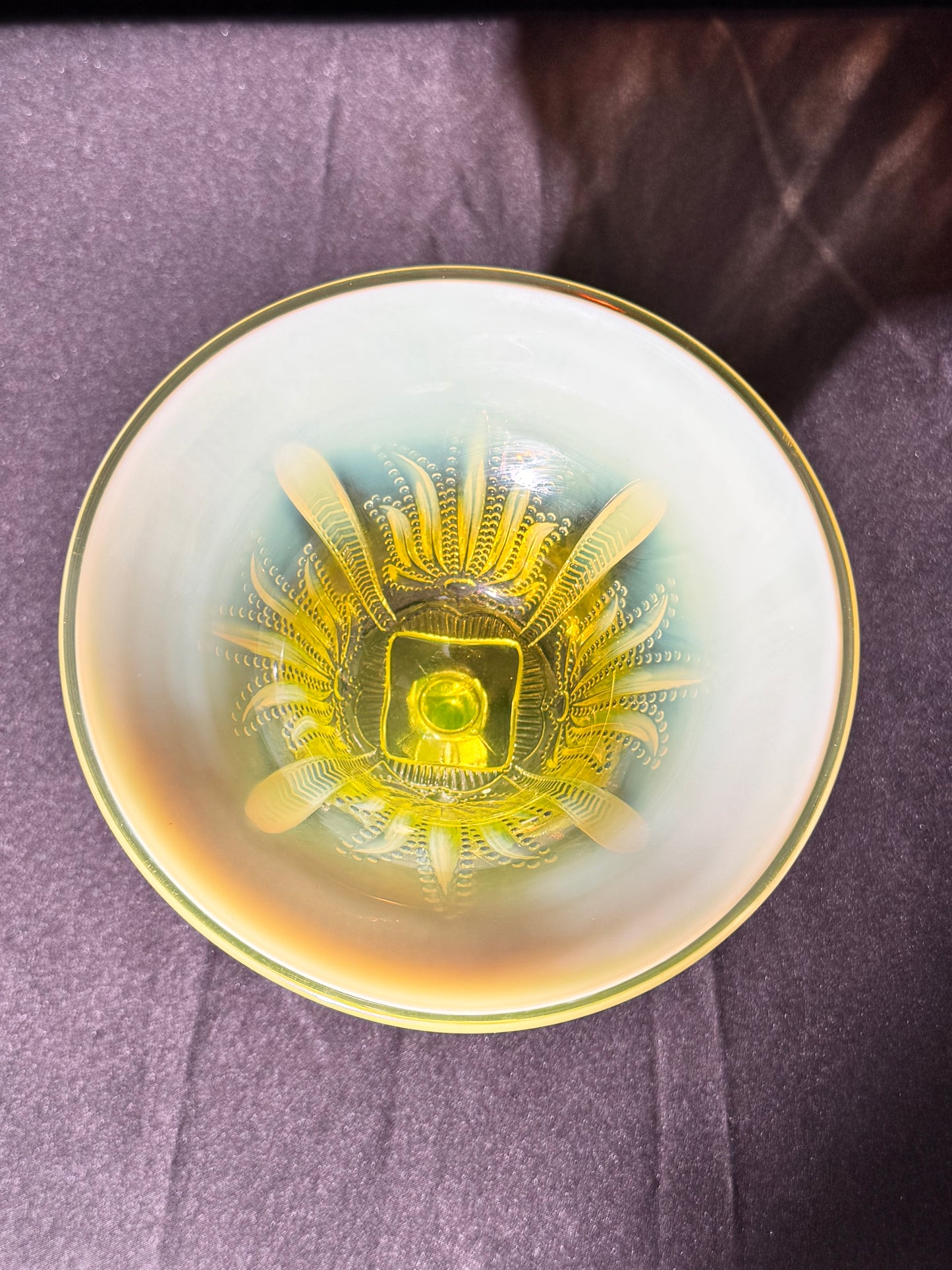Uranium- Fenton- Cactus - Compote- Topaz opalescent- footed -likely used as an open nut dish