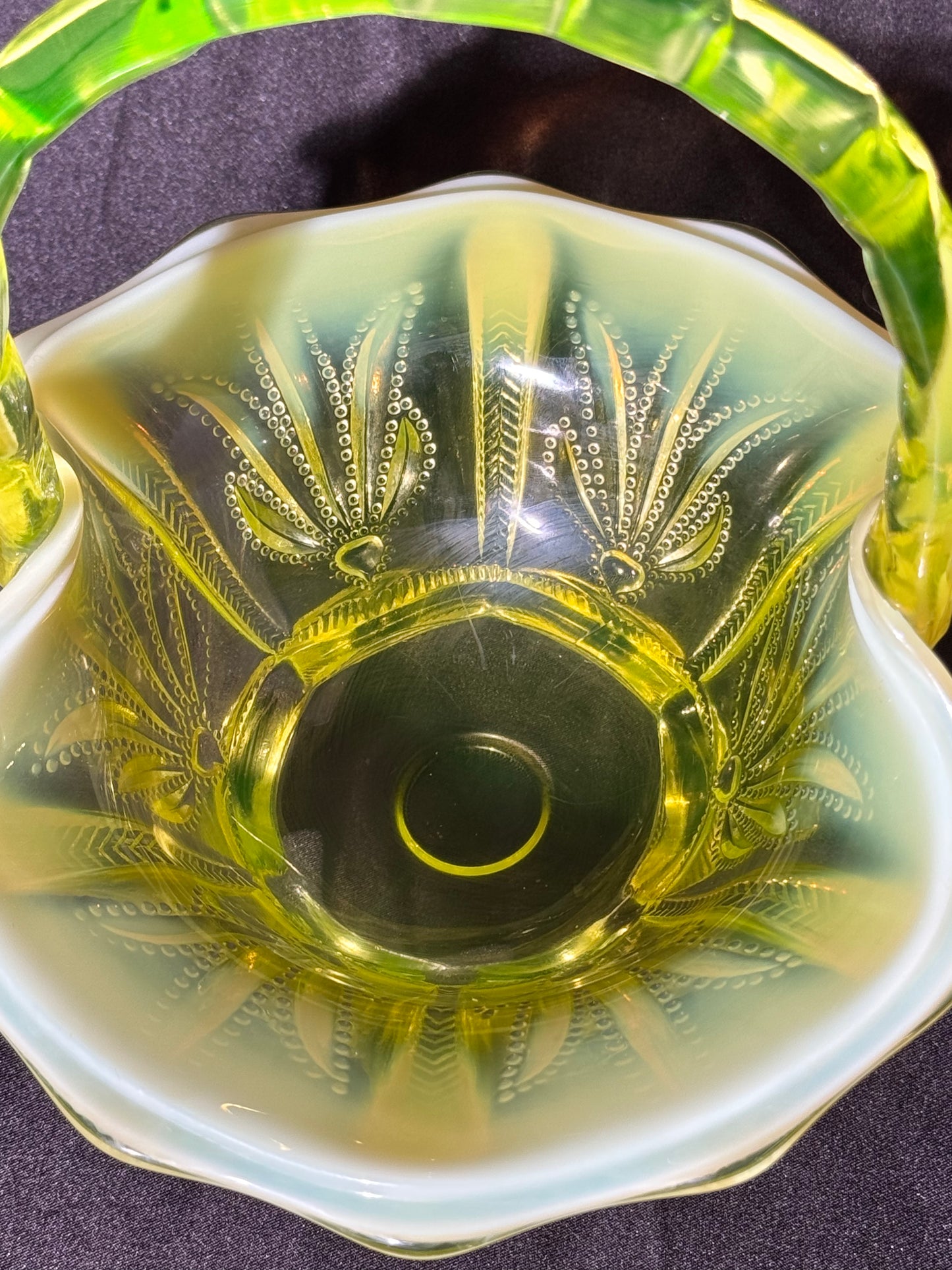 Uranium- Fenton- Cactus- 8.5” Tall Basket- Topaz opalescent