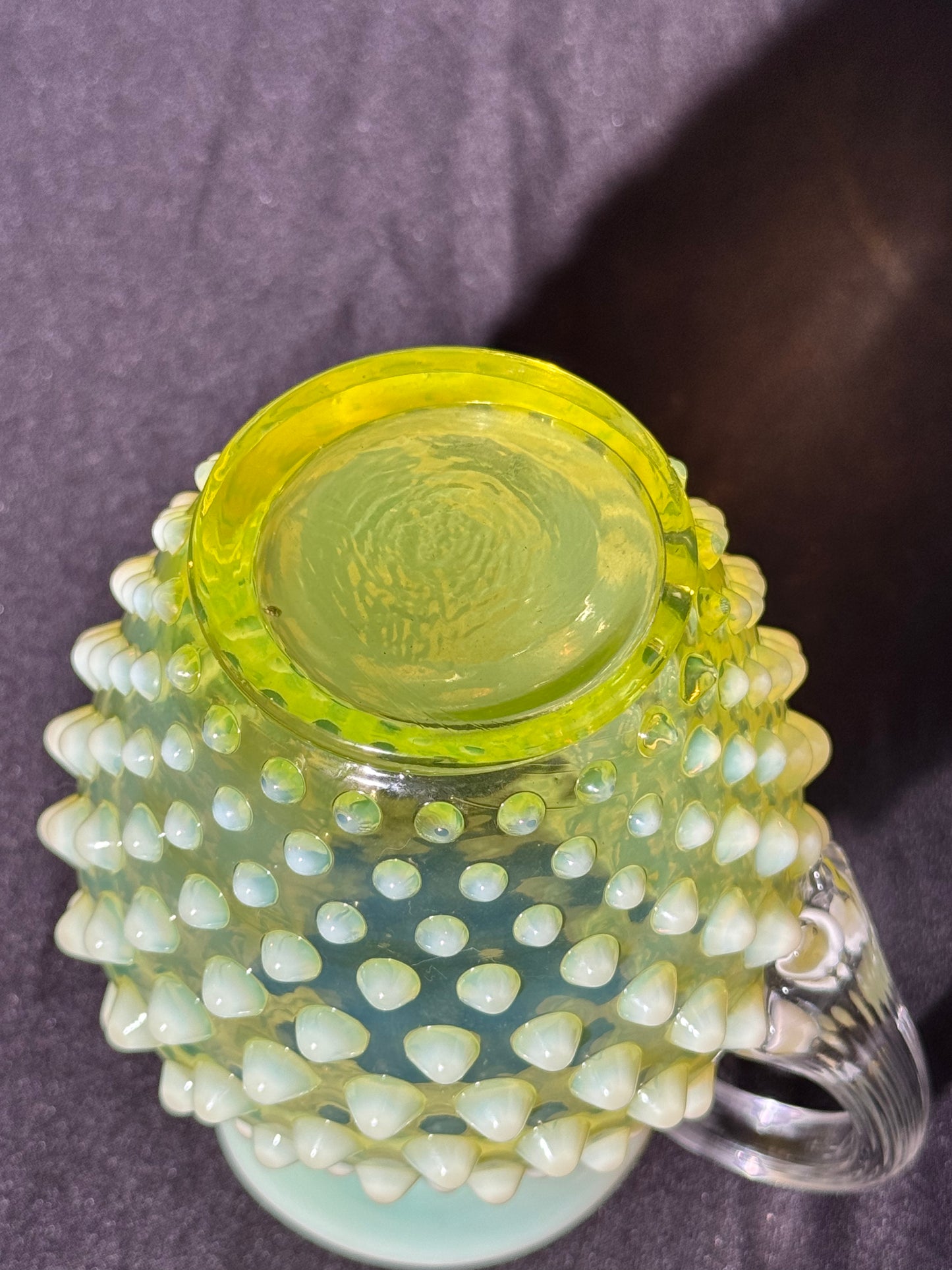 Uranium-Fenton-Hobnail-Syrup Pitcher - topaz opalescent