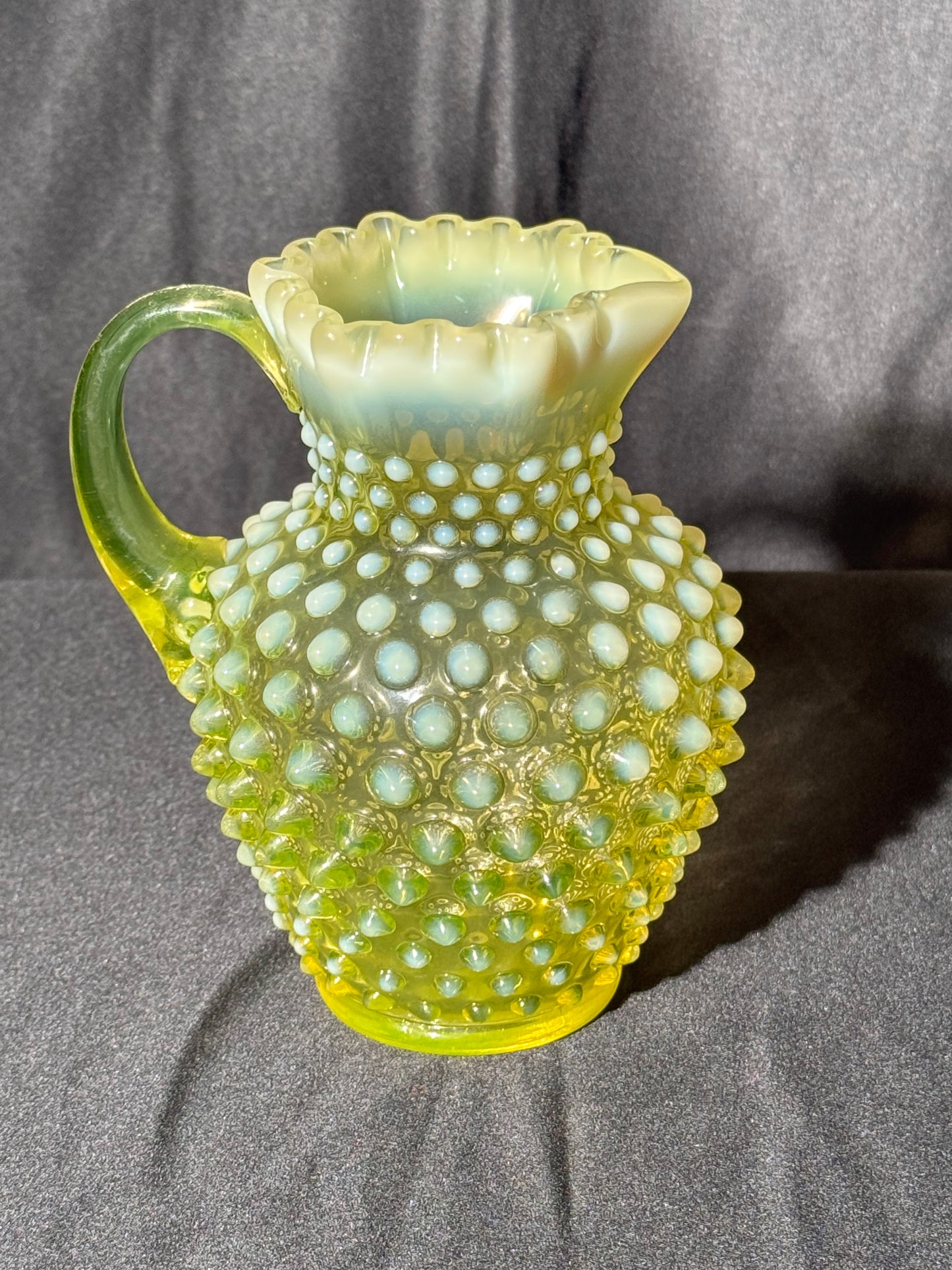 Uranium- Fenton- Hobnail- syrup pitcher -crimped spout - topaz opalescent