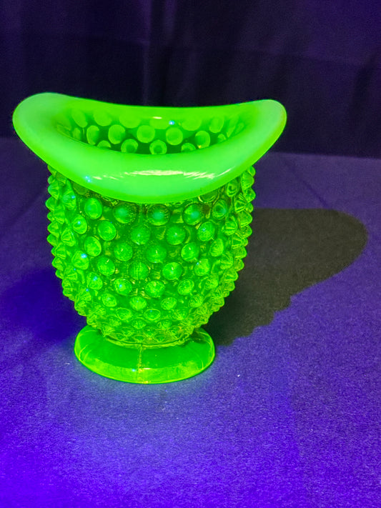 Uranium- Fenton- Hobnail- mini flared Vase -topaz opalescent