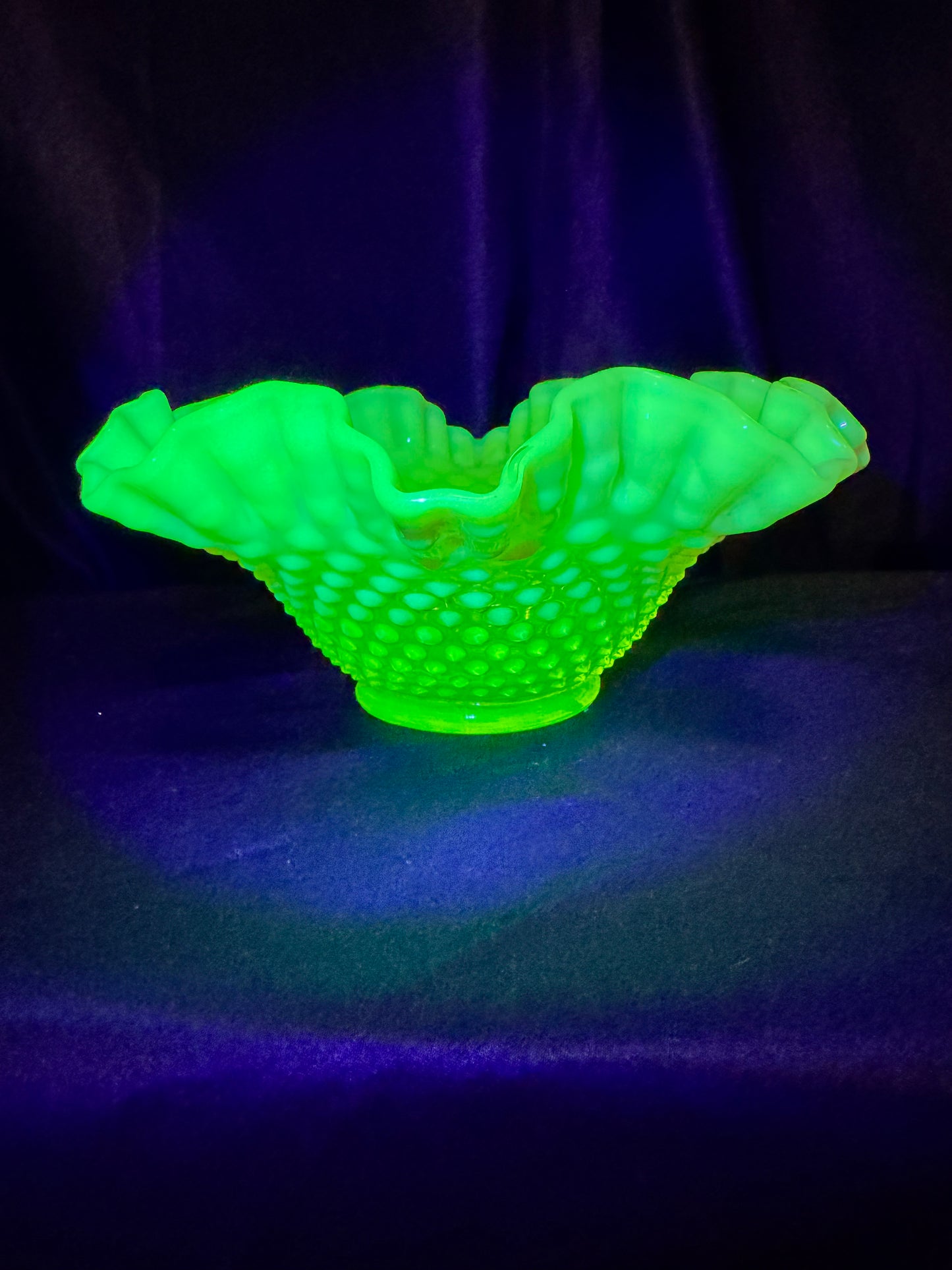 Uranium- Fenton - Hobnail- Ruffled Bowl- Topaz Opalescent-measures approximately 10” wide, 4 1/2” tall