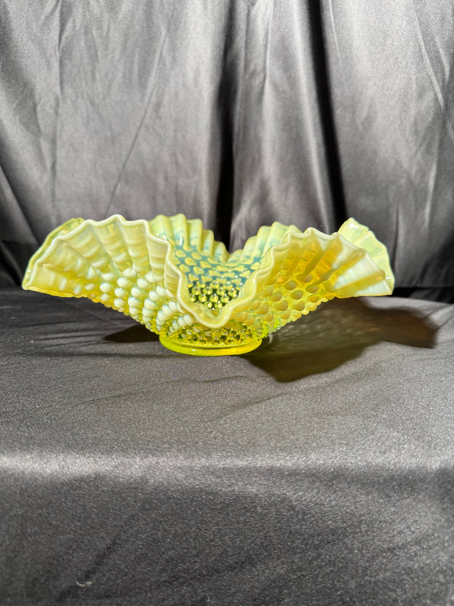Uranium- Fenton- hobnail- 10 1/2” Ruffled bowl - Topaz Opalescent