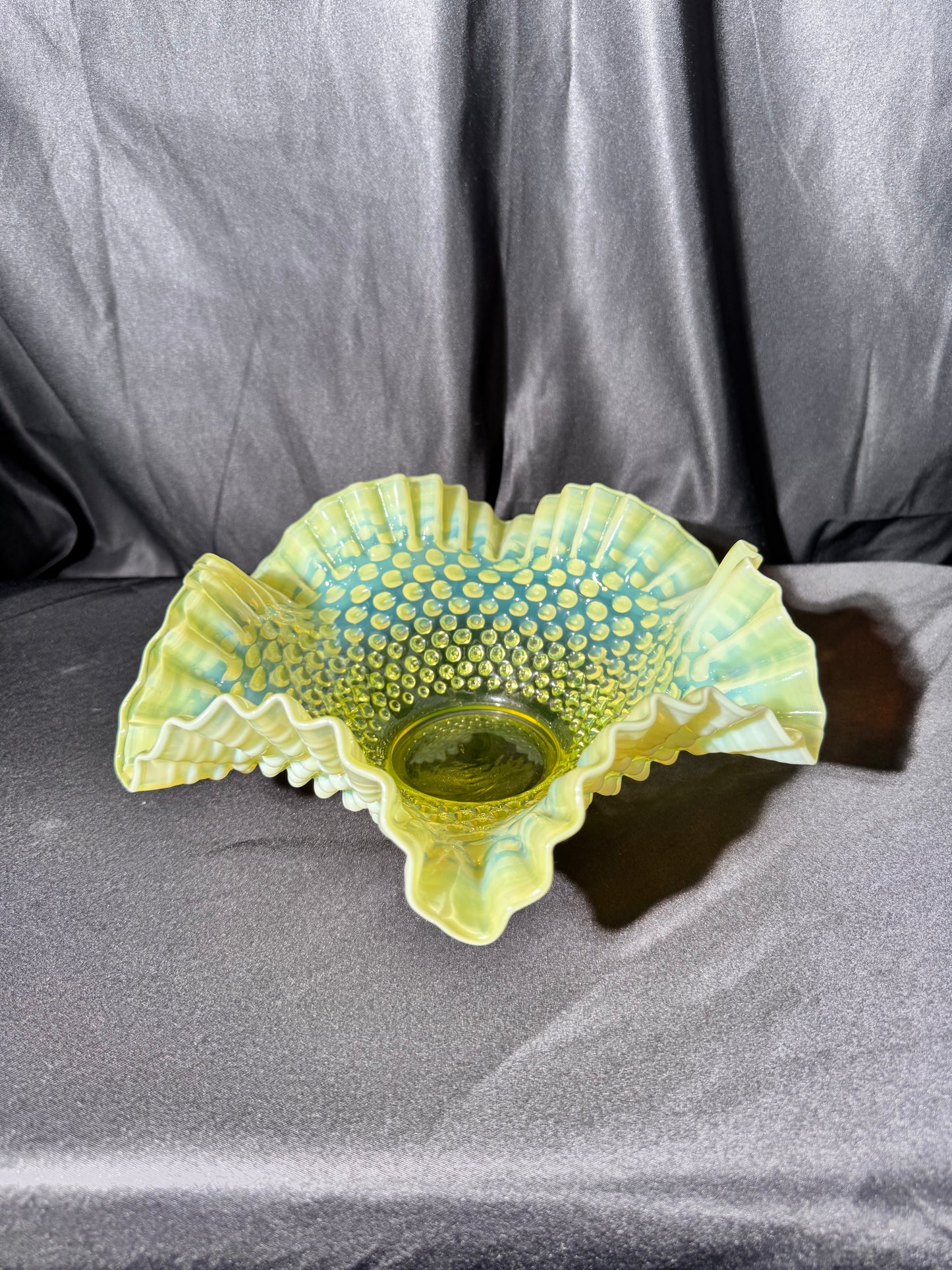 Uranium- Fenton- hobnail- 10 1/2” Ruffled bowl - Topaz Opalescent