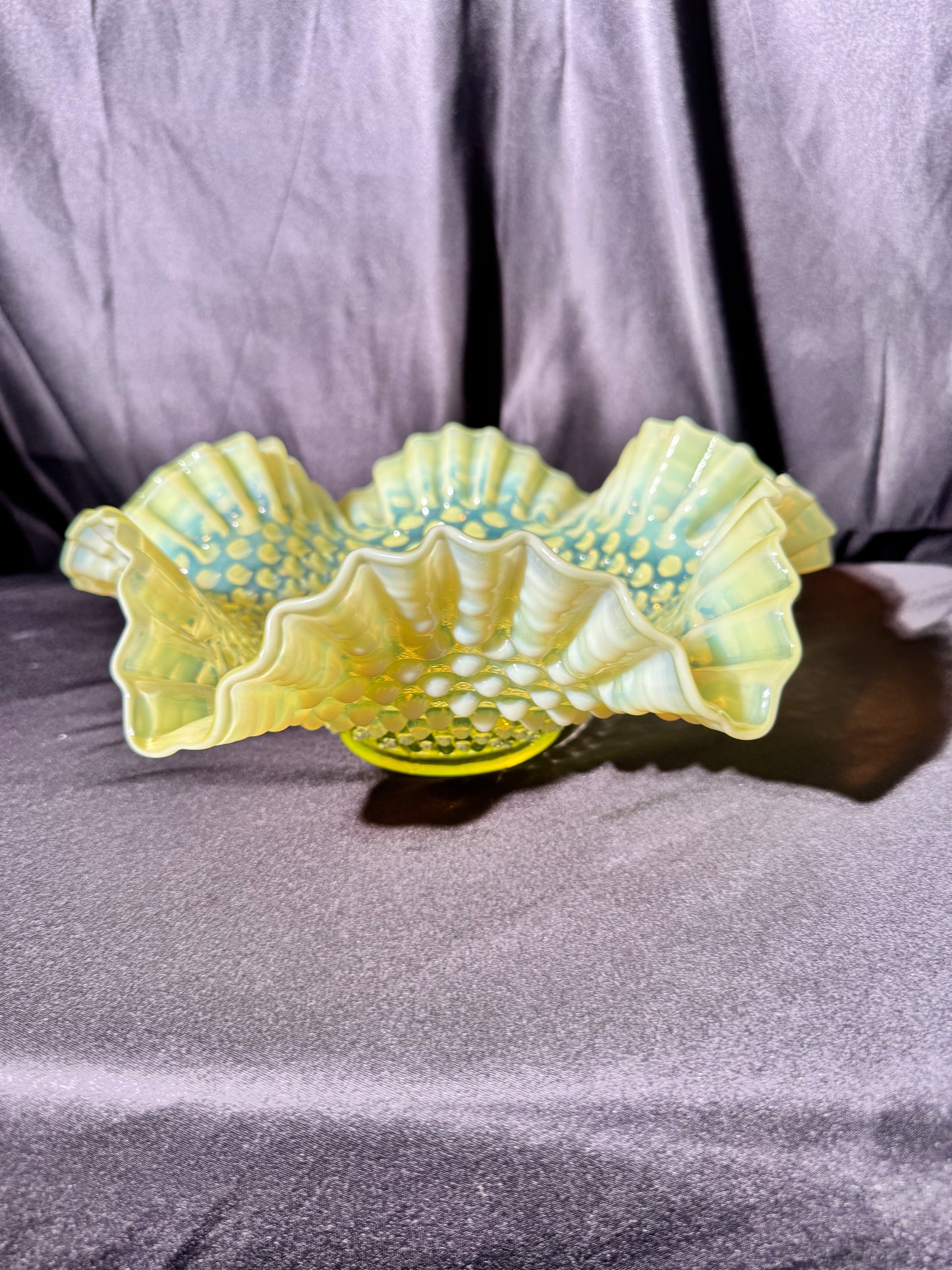 Uranium- Fenton- hobnail- 10 1/2” Ruffled bowl - Topaz Opalescent