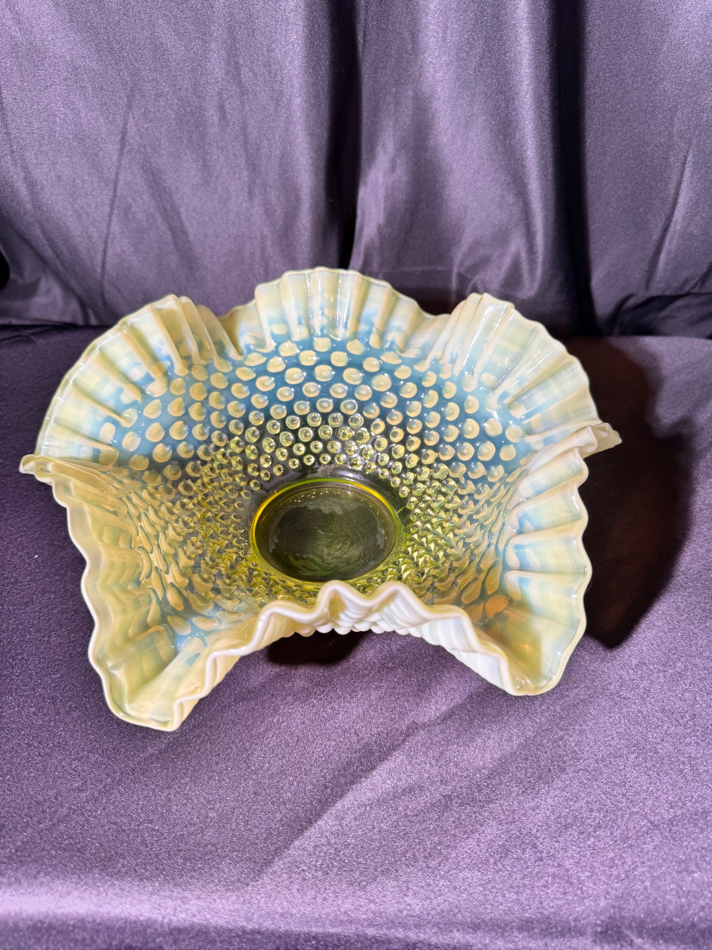 Uranium- Fenton- hobnail- 10 1/2” Ruffled bowl - Topaz Opalescent