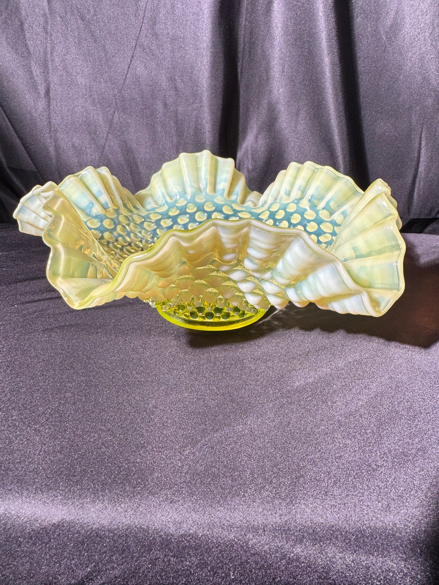 Uranium- Fenton- hobnail- 10 1/2” Ruffled bowl - Topaz Opalescent