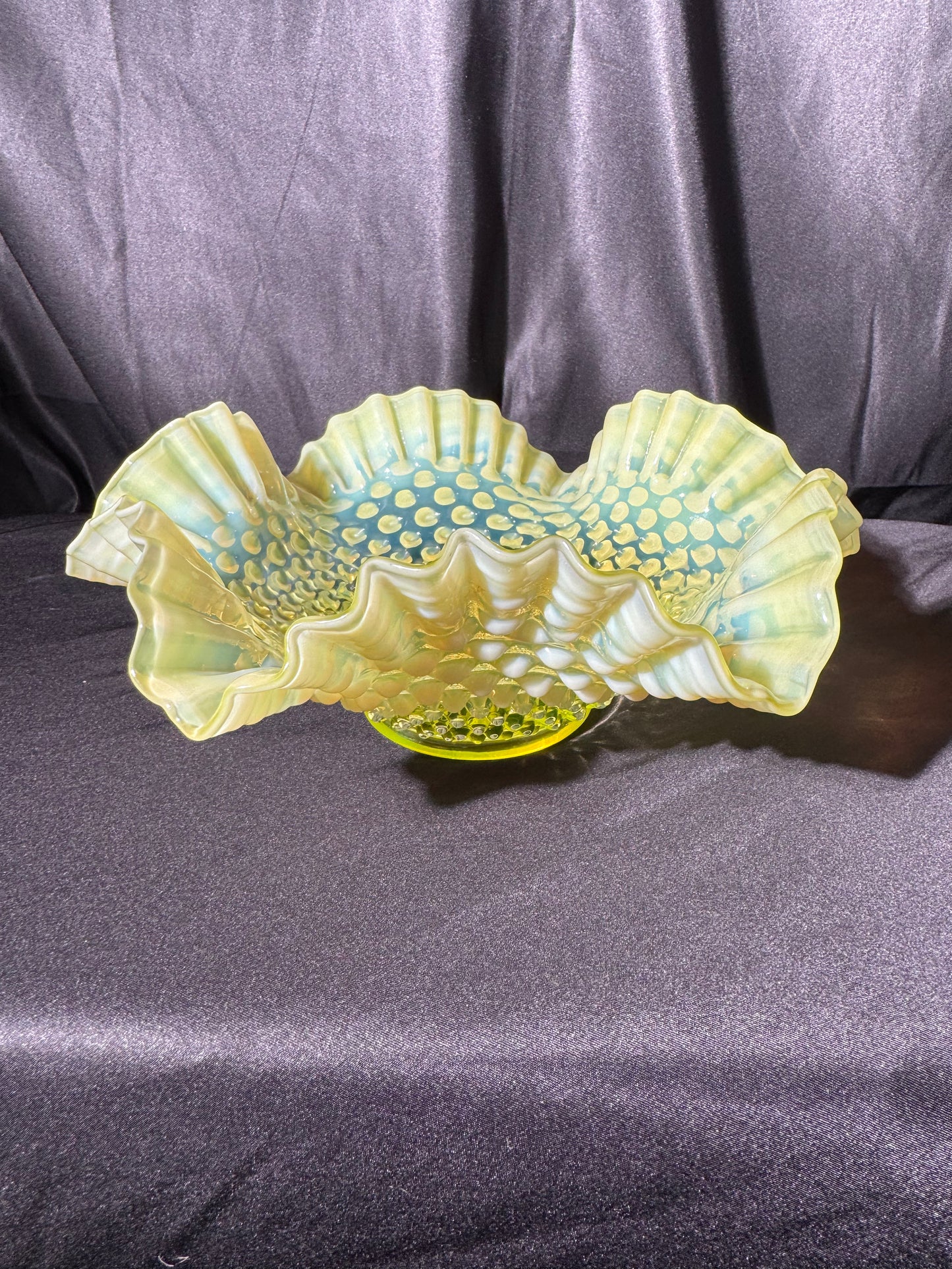 Uranium- Fenton- hobnail- 10 1/2” Ruffled bowl - Topaz Opalescent