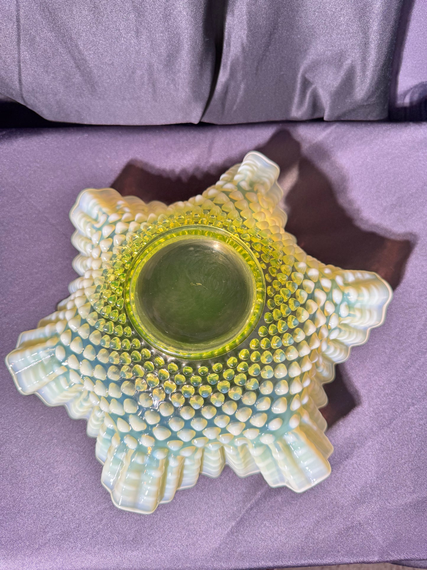 Uranium- Fenton- hobnail- 10 1/2” Ruffled bowl - Topaz Opalescent