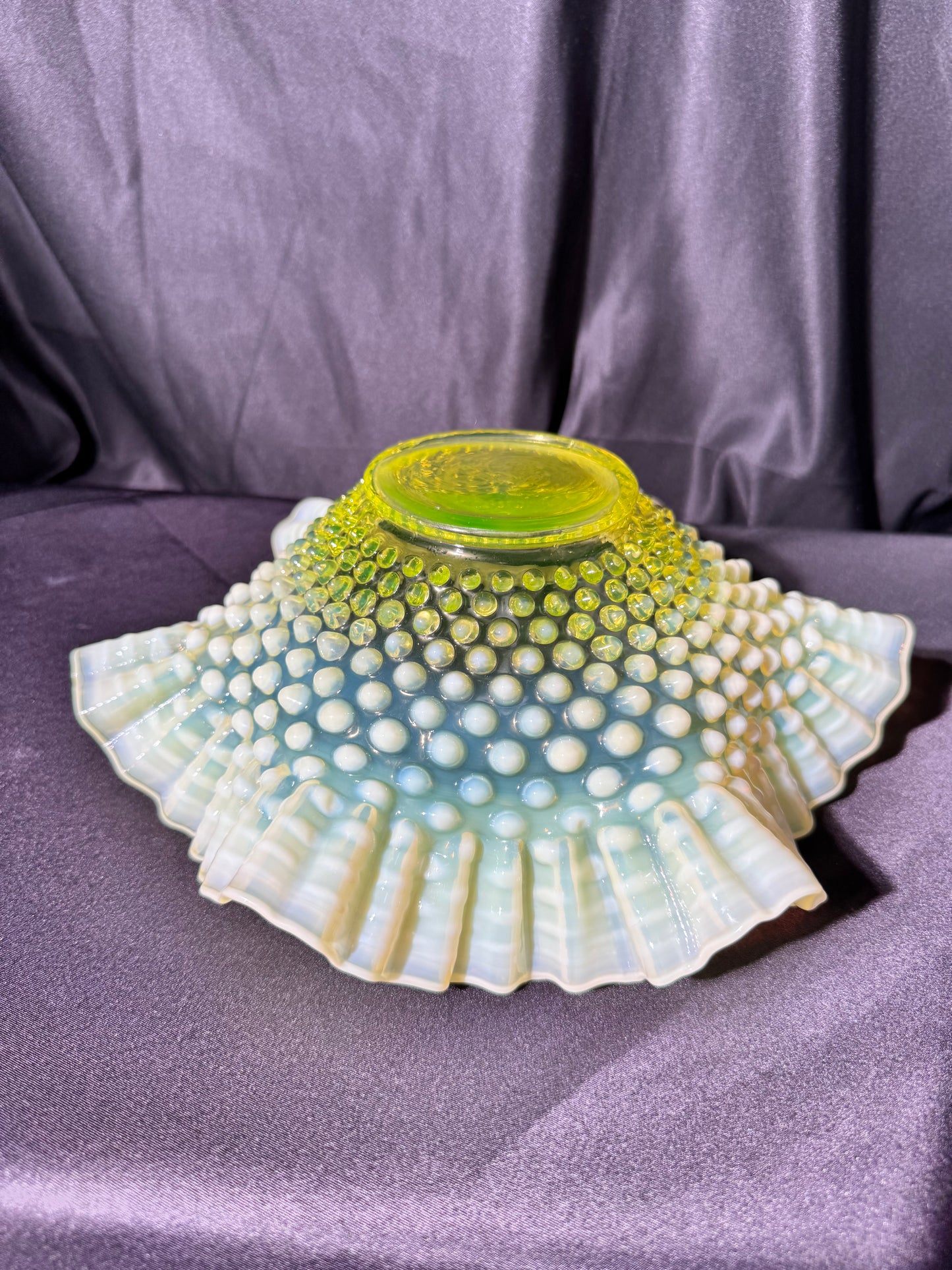 Uranium- Fenton- hobnail- 10 1/2” Ruffled bowl - Topaz Opalescent