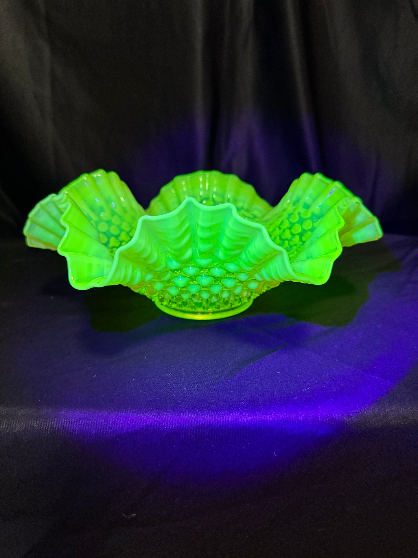 Uranium- Fenton- hobnail- 10 1/2” Ruffled bowl - Topaz Opalescent