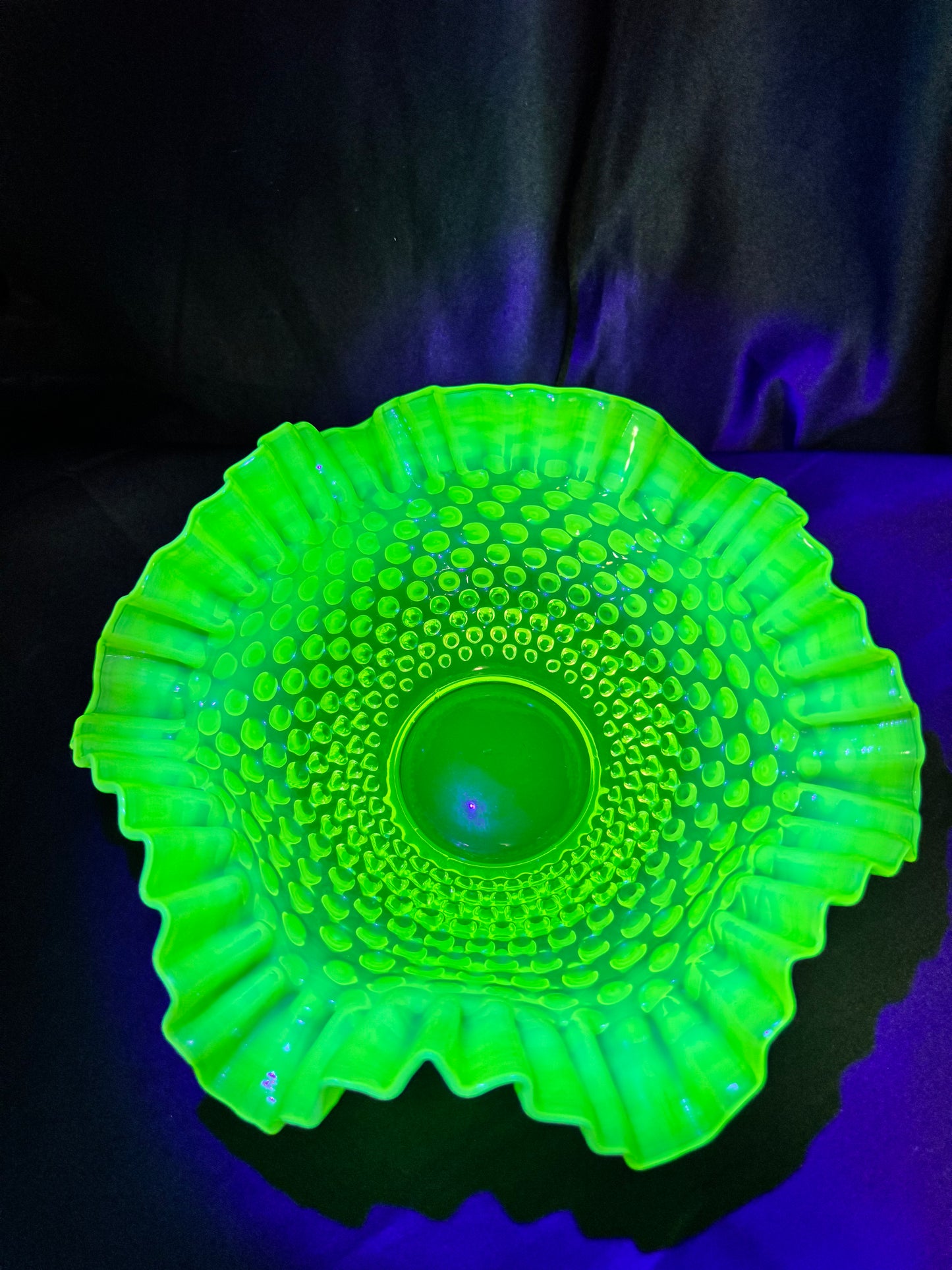 Uranium- Fenton- hobnail- 10 1/2” Ruffled bowl - Topaz Opalescent