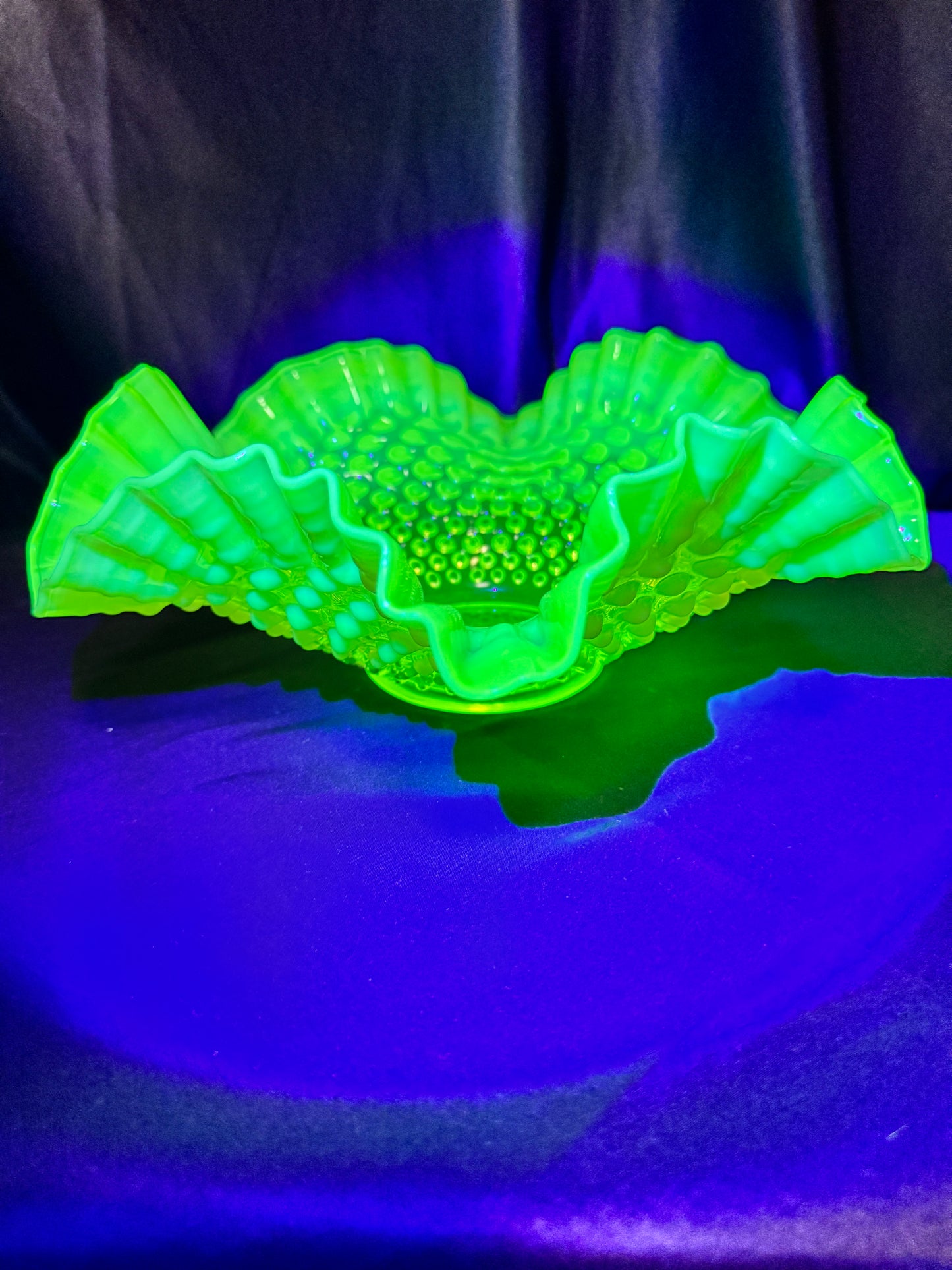 Uranium- Fenton- hobnail- 10 1/2” Ruffled bowl - Topaz Opalescent