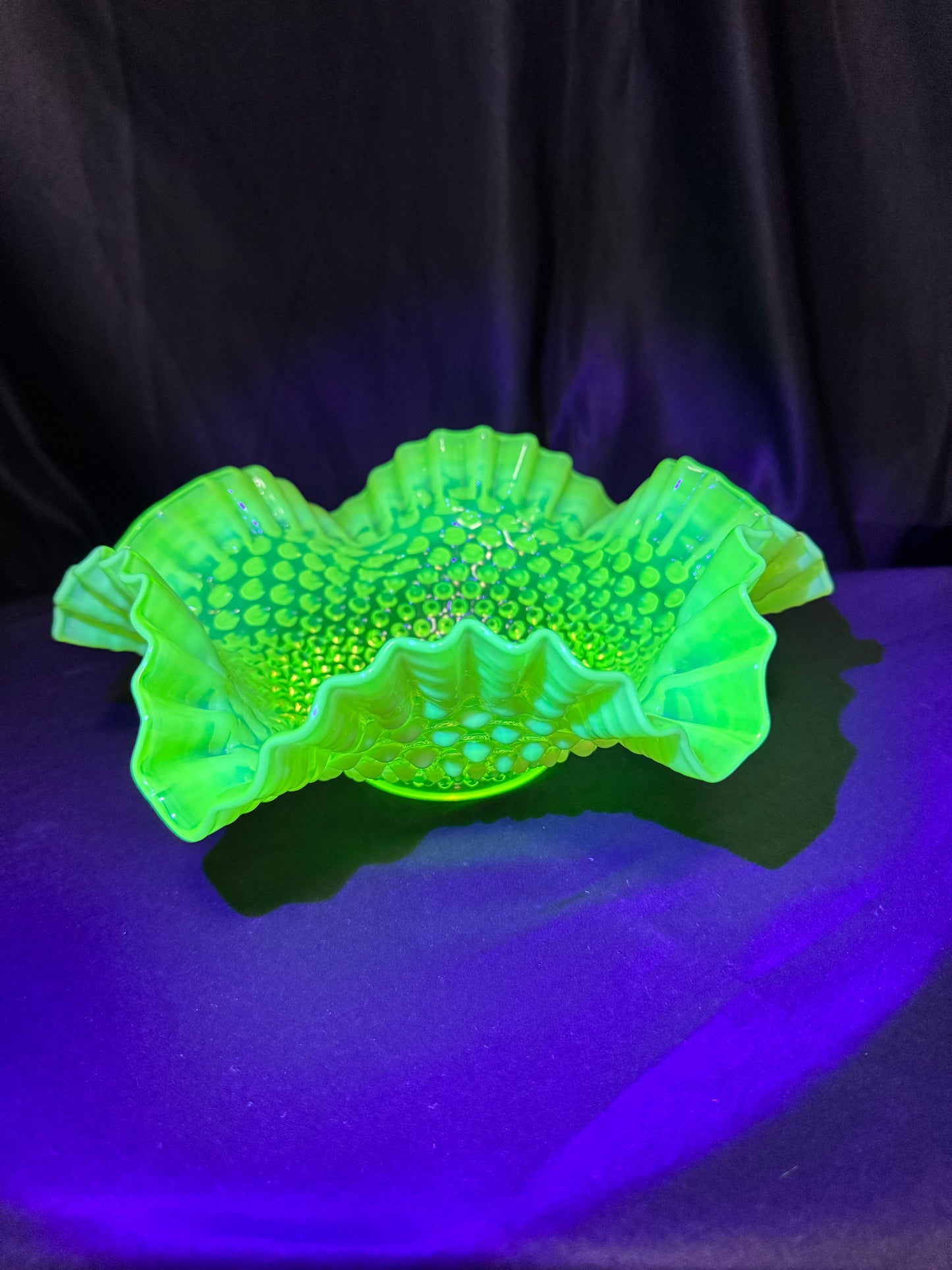 Uranium- Fenton- hobnail- 10 1/2” Ruffled bowl - Topaz Opalescent