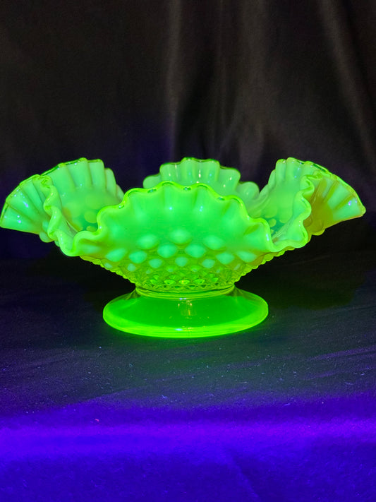Uranium- Fenton- hobnail- 8” Ruffled bowl - Topaz Opalescent