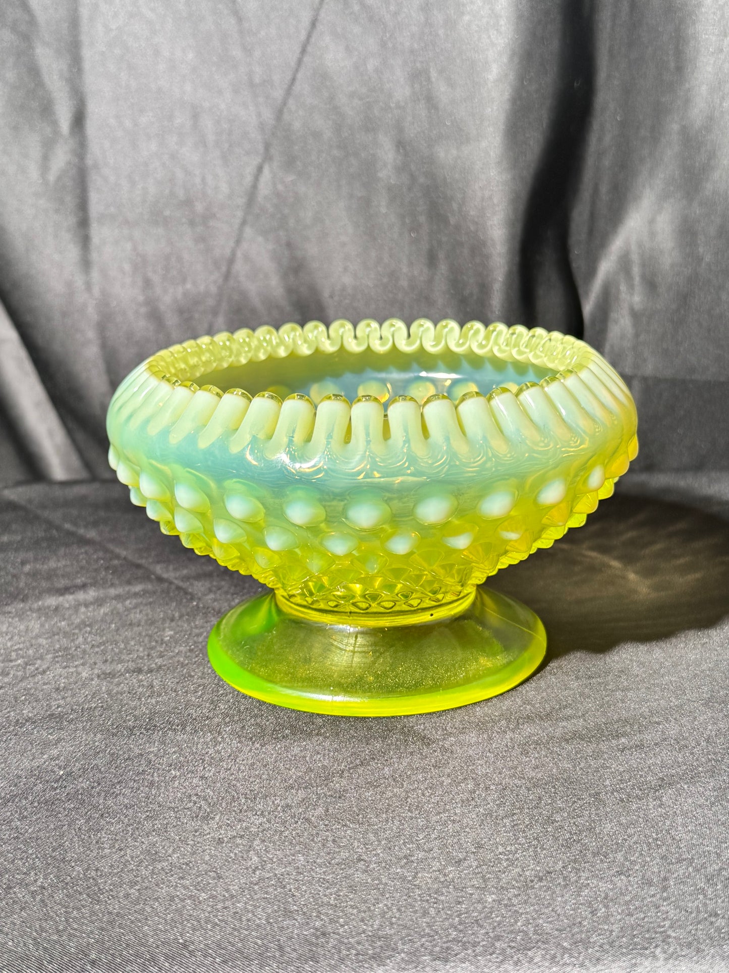 Uranium- Fenton- hobnail- crimped candlestick holder - Topaz Opalescent