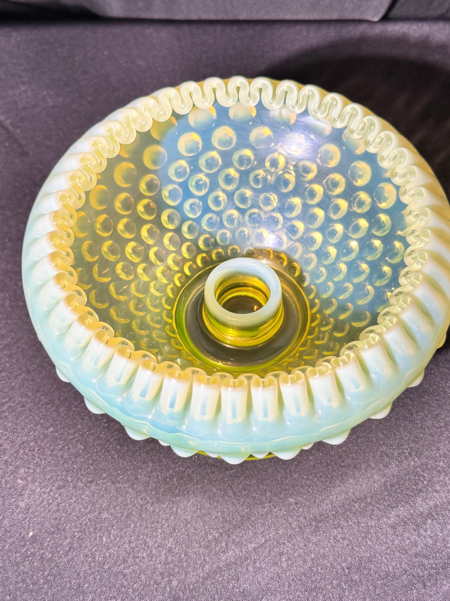Uranium- Fenton- hobnail- crimped candlestick holder - Topaz Opalescent
