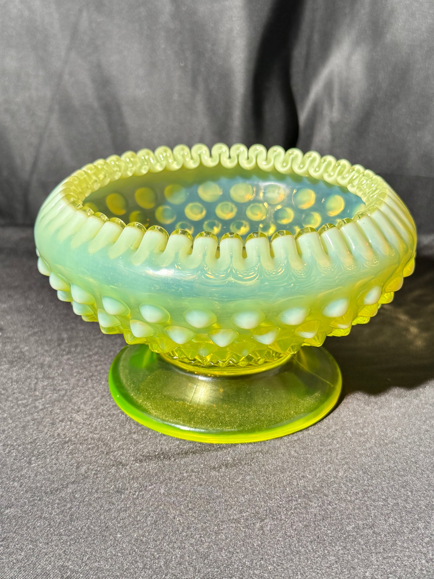 Uranium- Fenton- hobnail- crimped candlestick holder - Topaz Opalescent