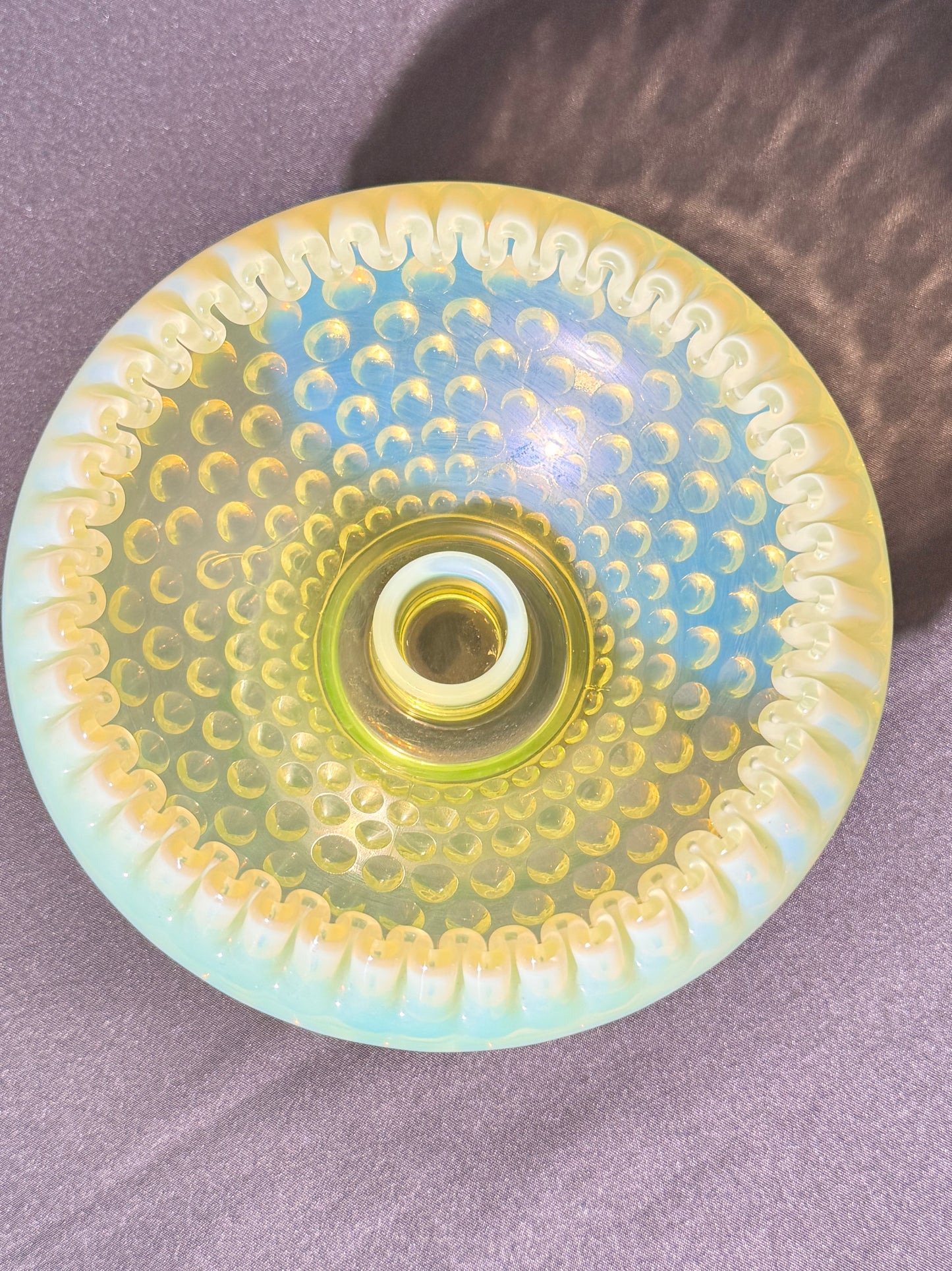 Uranium- Fenton- hobnail- crimped candlestick holder - Topaz Opalescent