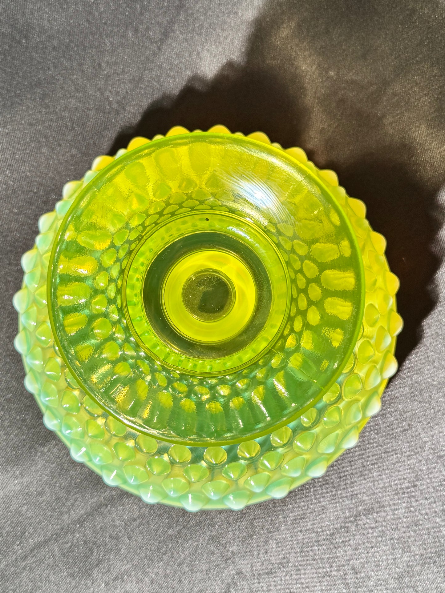 Uranium- Fenton- hobnail- crimped candlestick holder - Topaz Opalescent