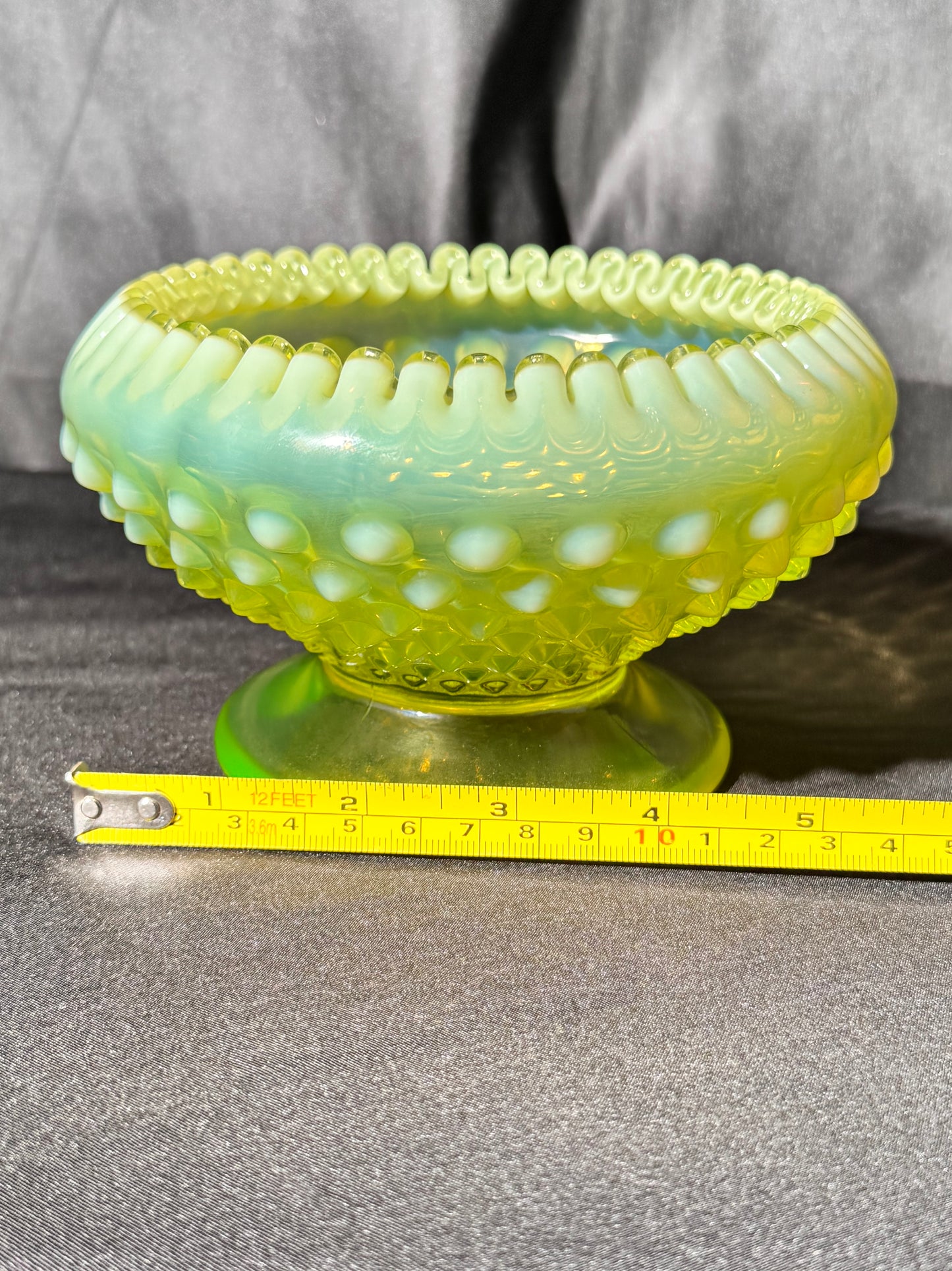 Uranium- Fenton- hobnail- crimped candlestick holder - Topaz Opalescent