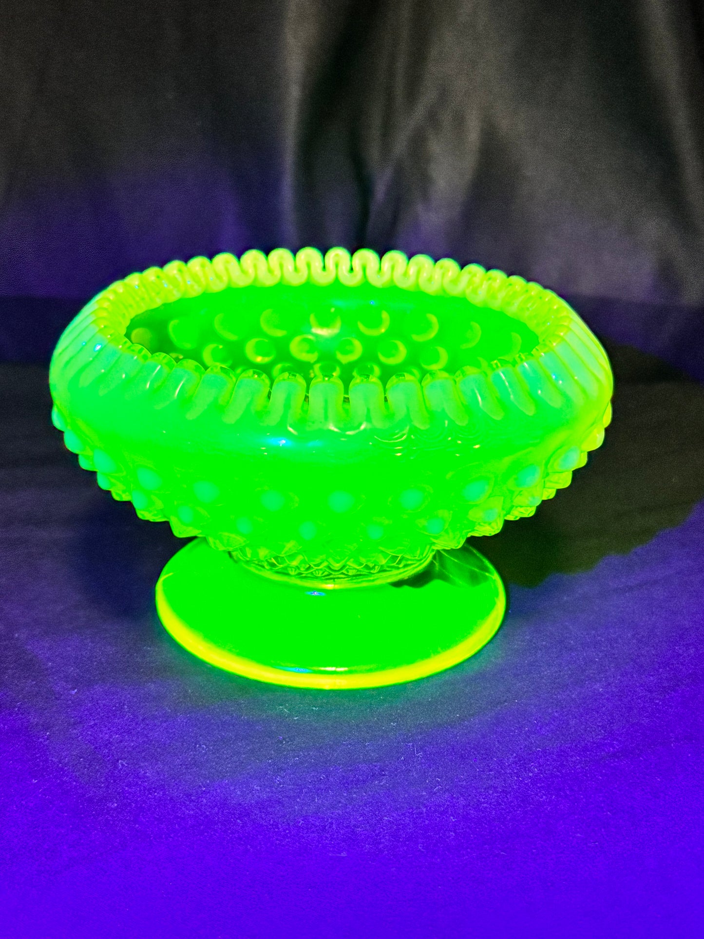 Uranium- Fenton- hobnail- crimped candlestick holder - Topaz Opalescent