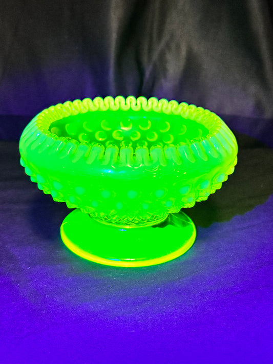 Uranium- Fenton- hobnail- crimped candlestick holder - Topaz Opalescent