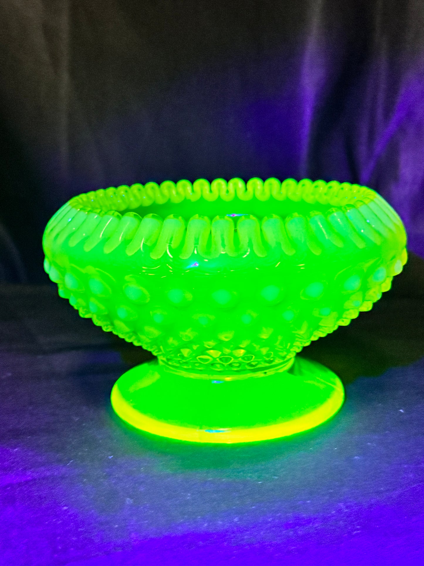 Uranium- Fenton- hobnail- crimped candlestick holder - Topaz Opalescent