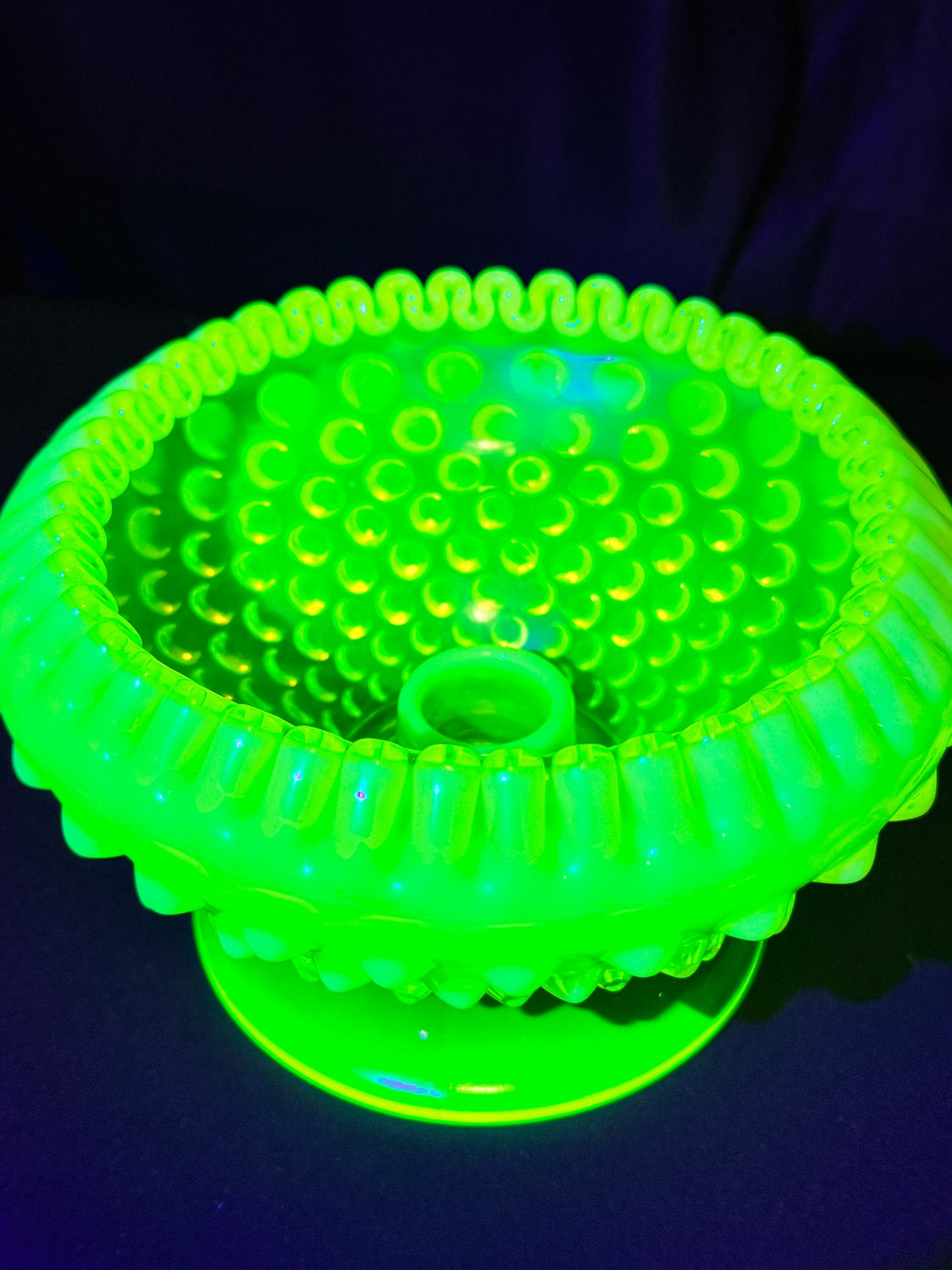 Uranium- Fenton- hobnail- crimped candlestick holder - Topaz Opalescent