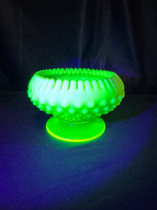 Uranium- Fenton- hobnail- crimped candlestick holder - Topaz Opalescent
