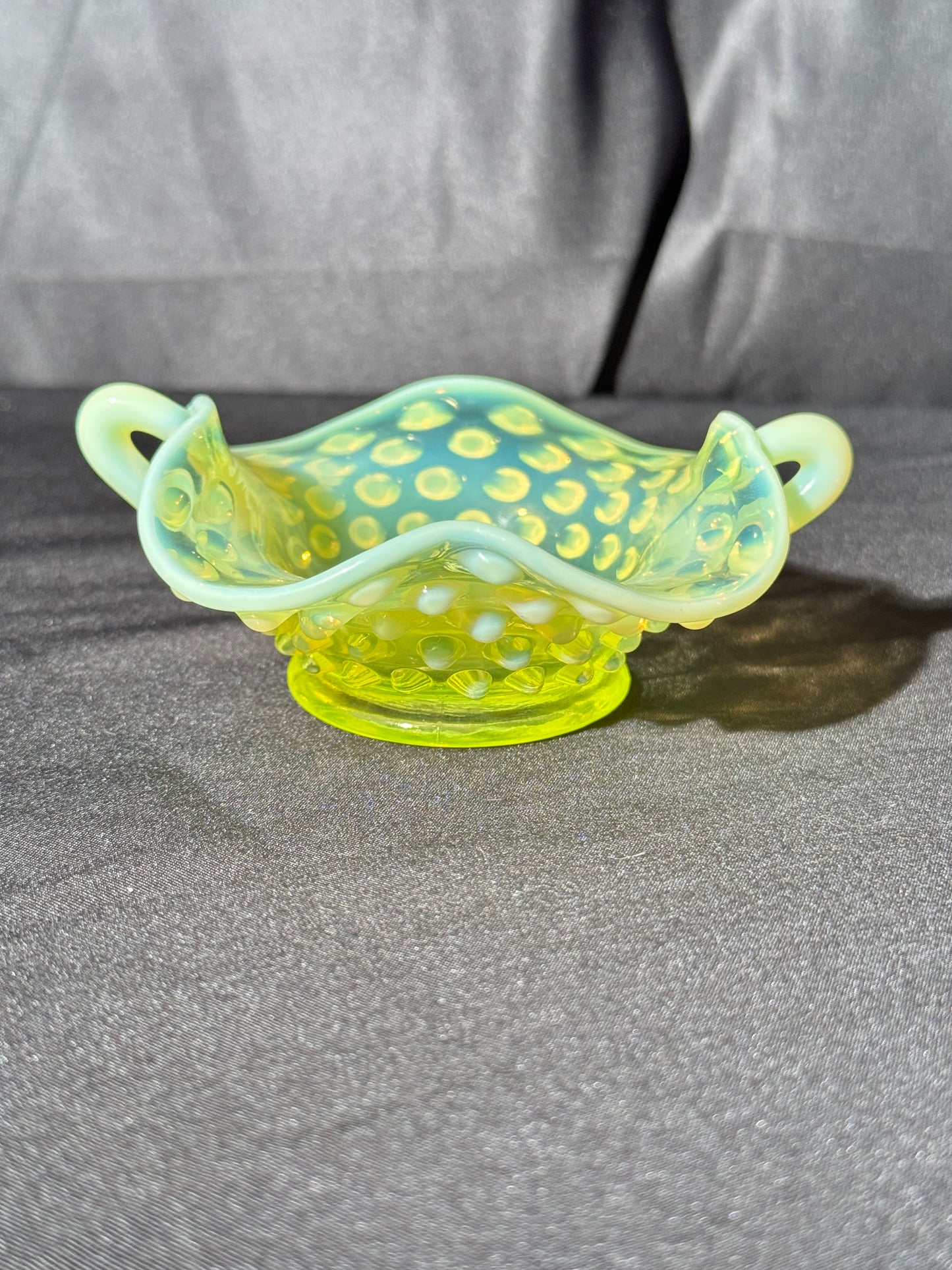 Uranium- Fenton- Hobnail- mini Bon Bon dish - Topaz Opalescent