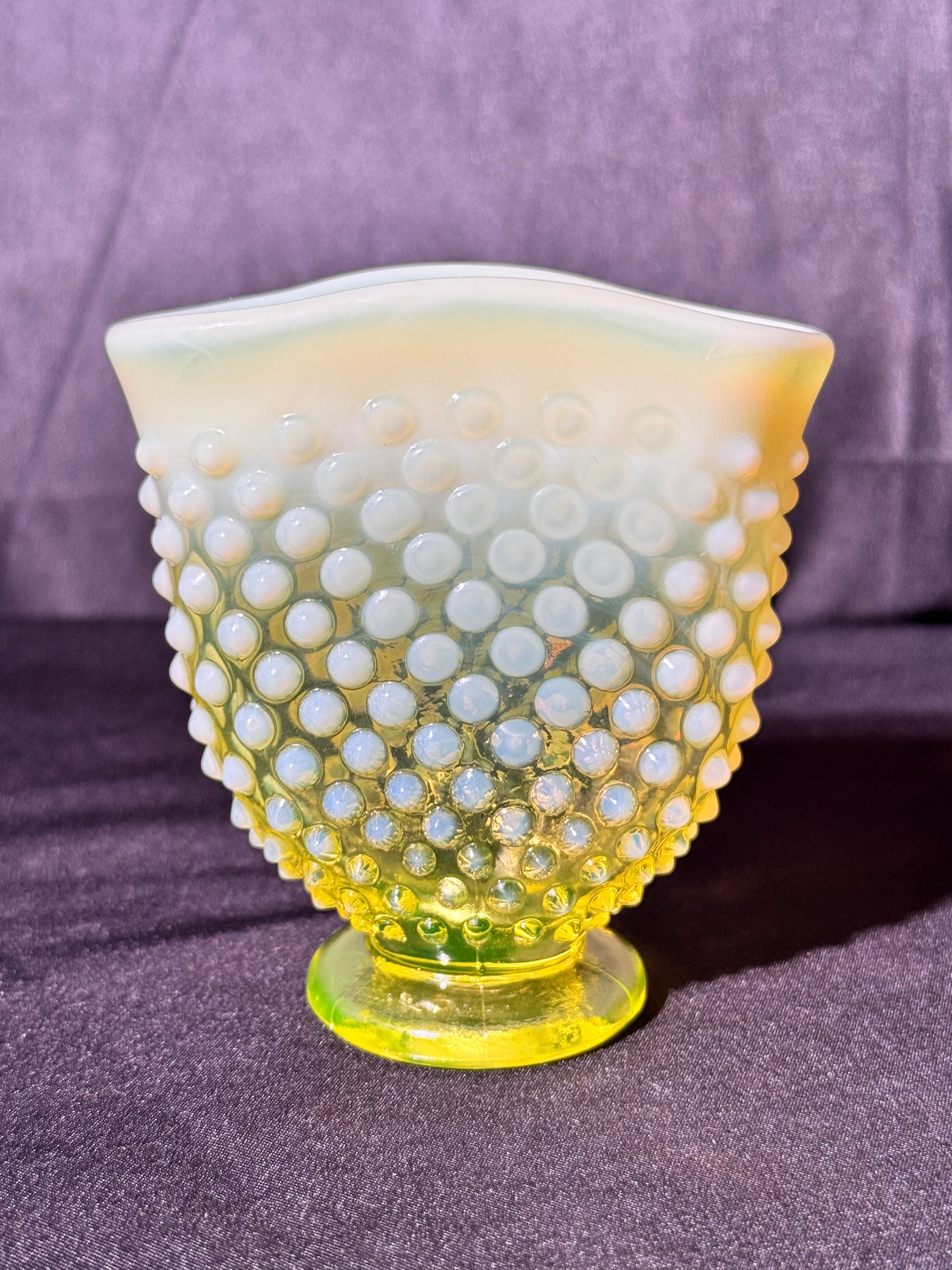 Uranium- Fenton- Hobnail- small Fan Flower Vase - topaz opalescent