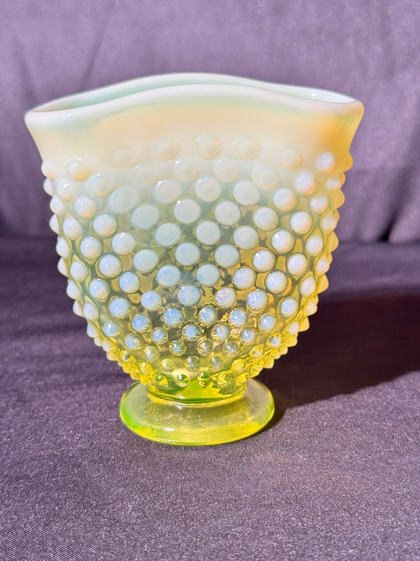Uranium- Fenton- Hobnail- small Fan Flower Vase - topaz opalescent
