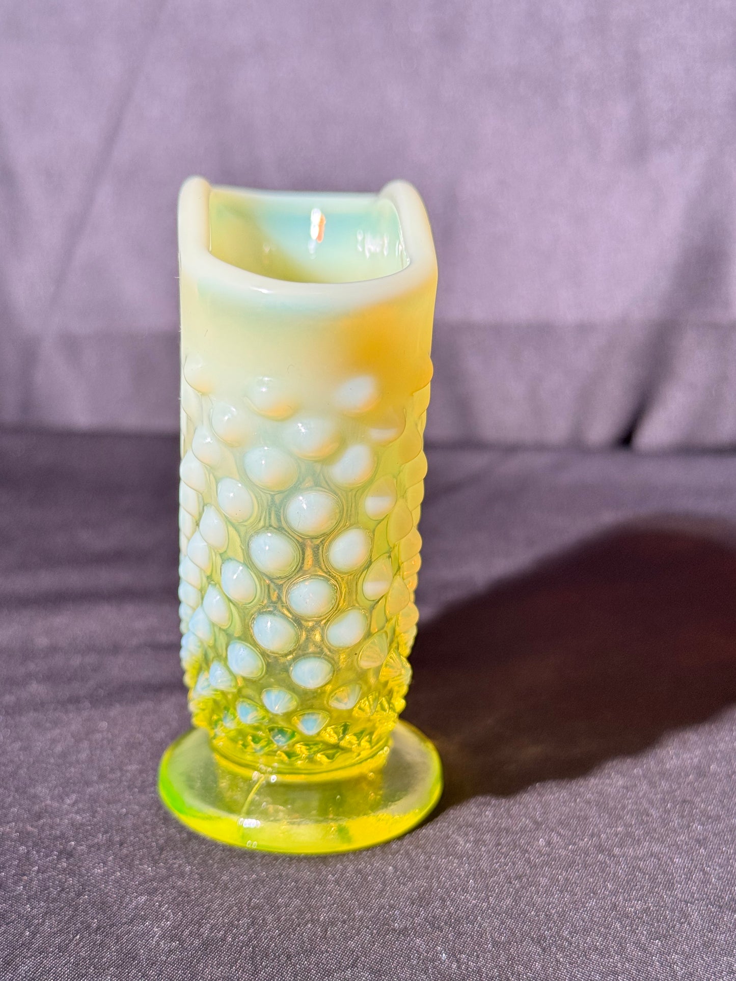 Uranium- Fenton- Hobnail- small Fan Flower Vase - topaz opalescent