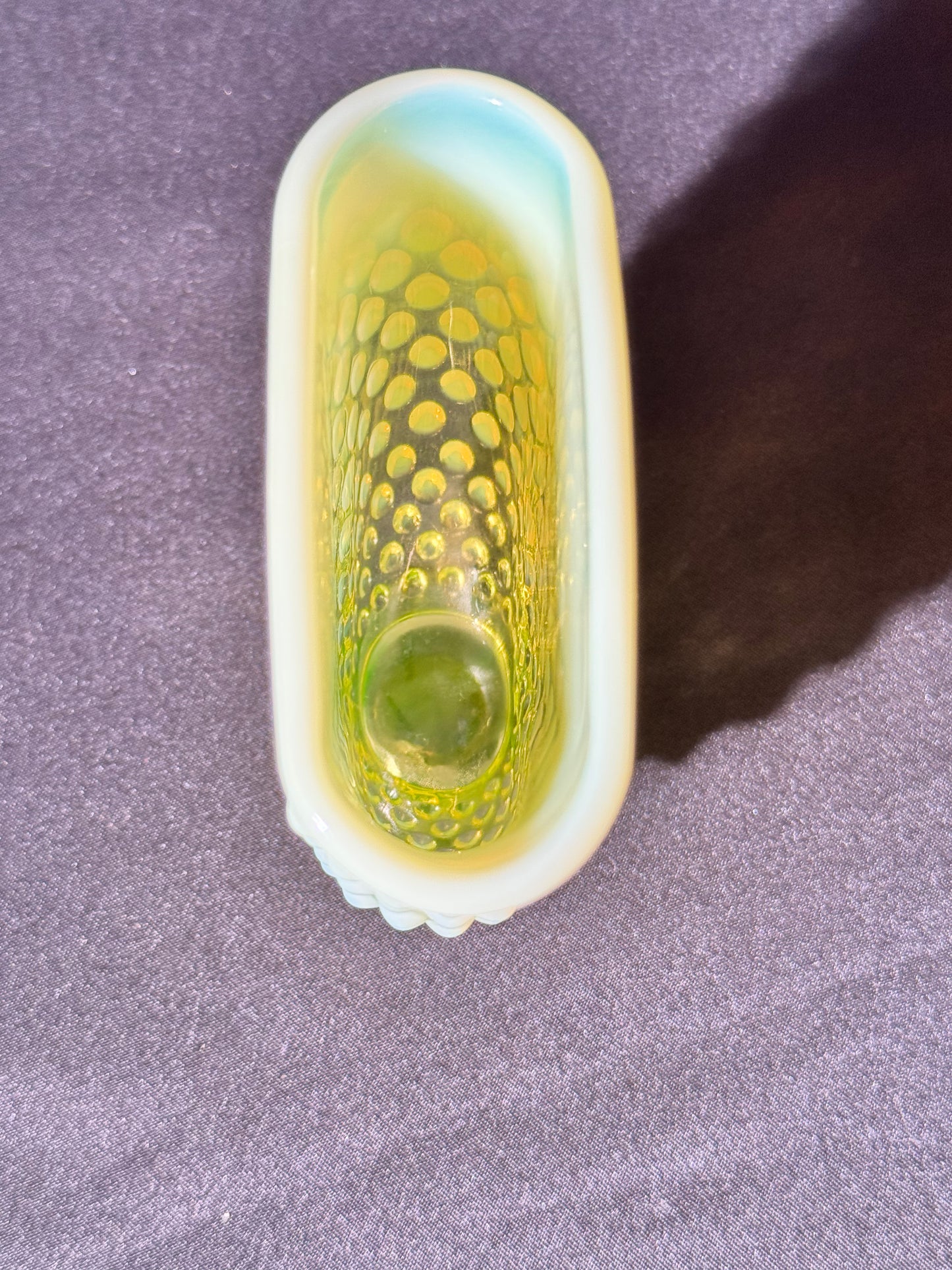 Uranium- Fenton- Hobnail- small Fan Flower Vase - topaz opalescent