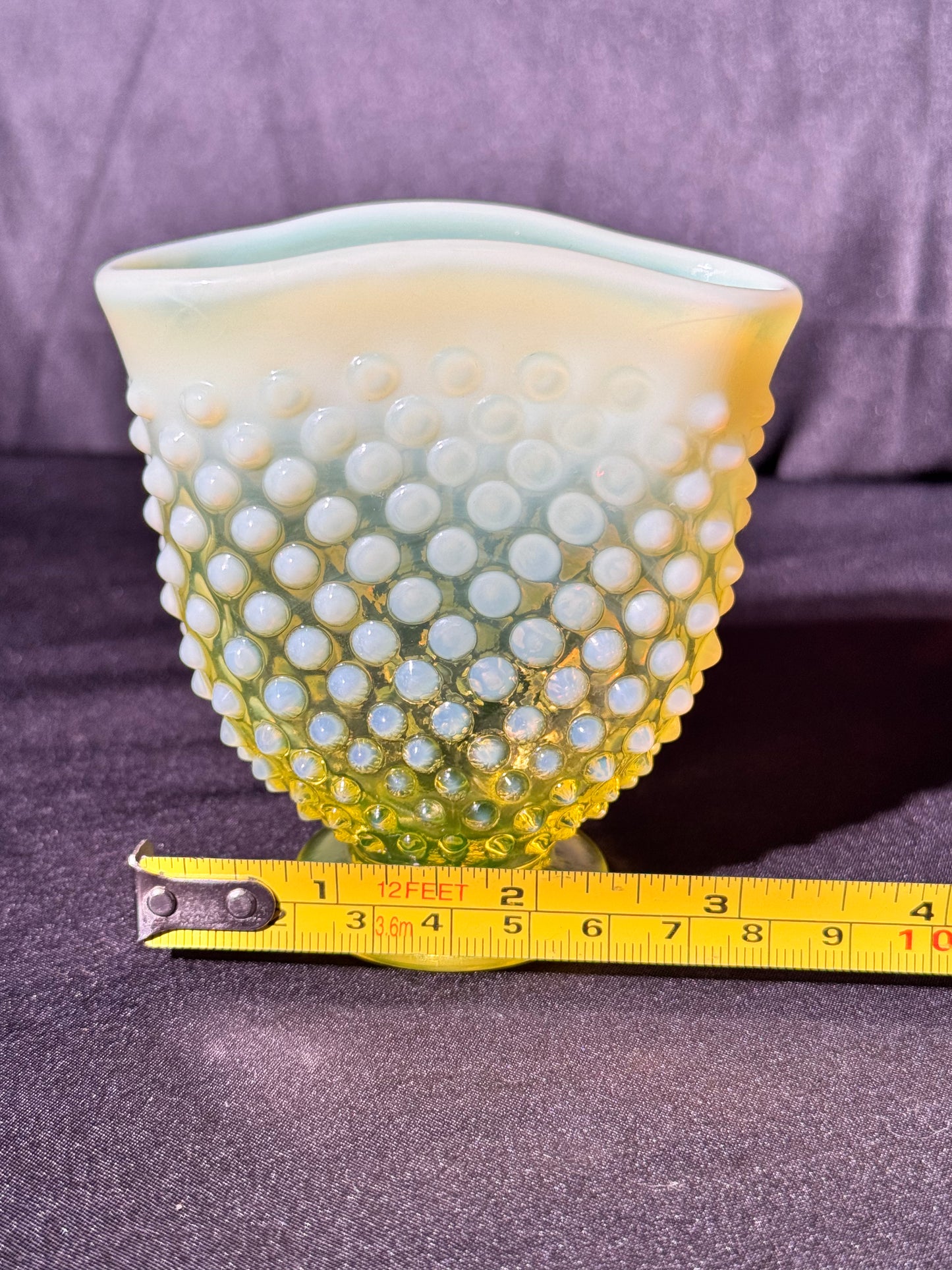 Uranium- Fenton- Hobnail- small Fan Flower Vase - topaz opalescent