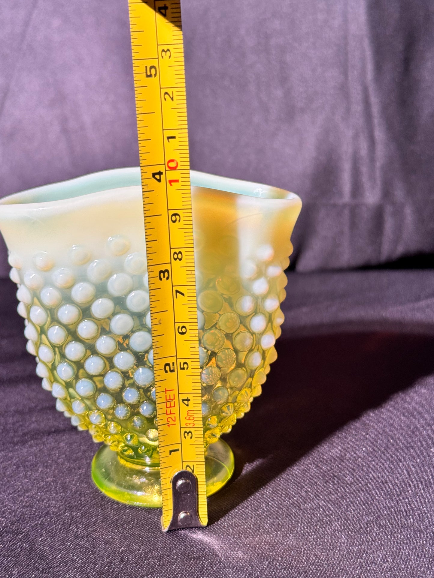 Uranium- Fenton- Hobnail- small Fan Flower Vase - topaz opalescent