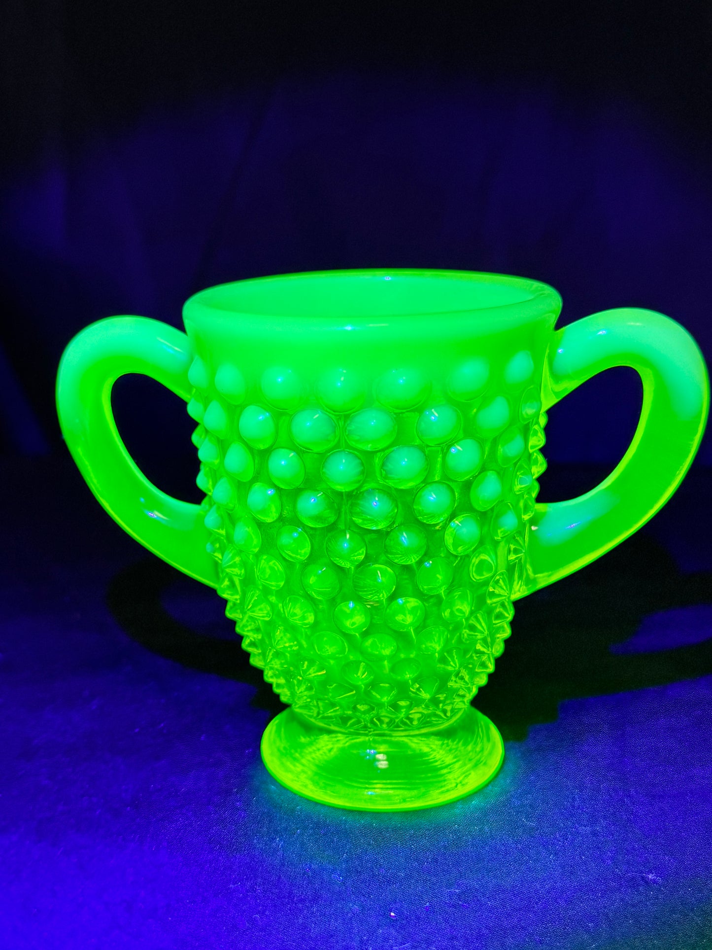 Uranium- Fenton- Hobnail- 3.5” tall creamer and sugar set - topaz opalescent