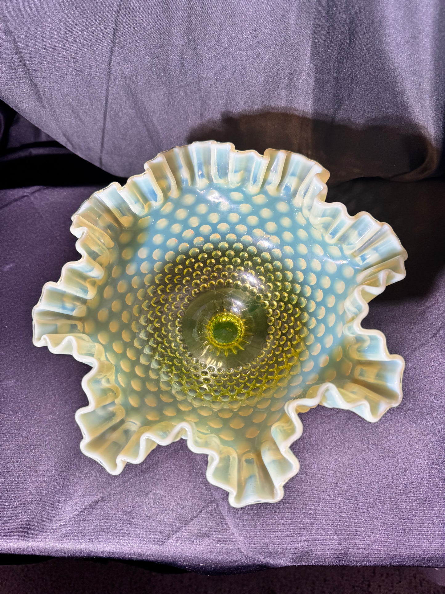 Uranium- Fenton- Hobnail- Ruffled Footed Bowl- Topaz opalescent