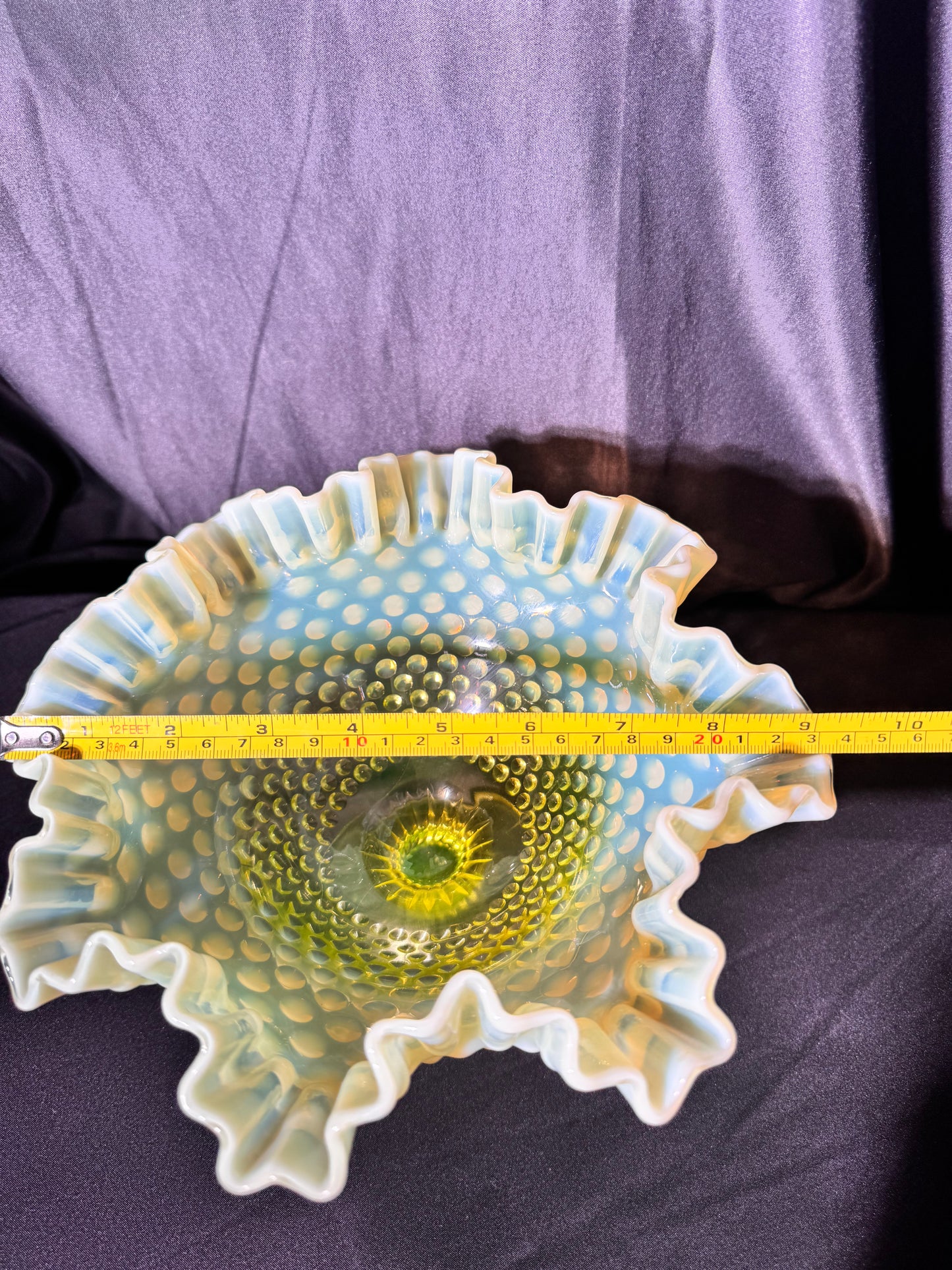 Uranium- Fenton- Hobnail- Ruffled Footed Bowl- Topaz opalescent